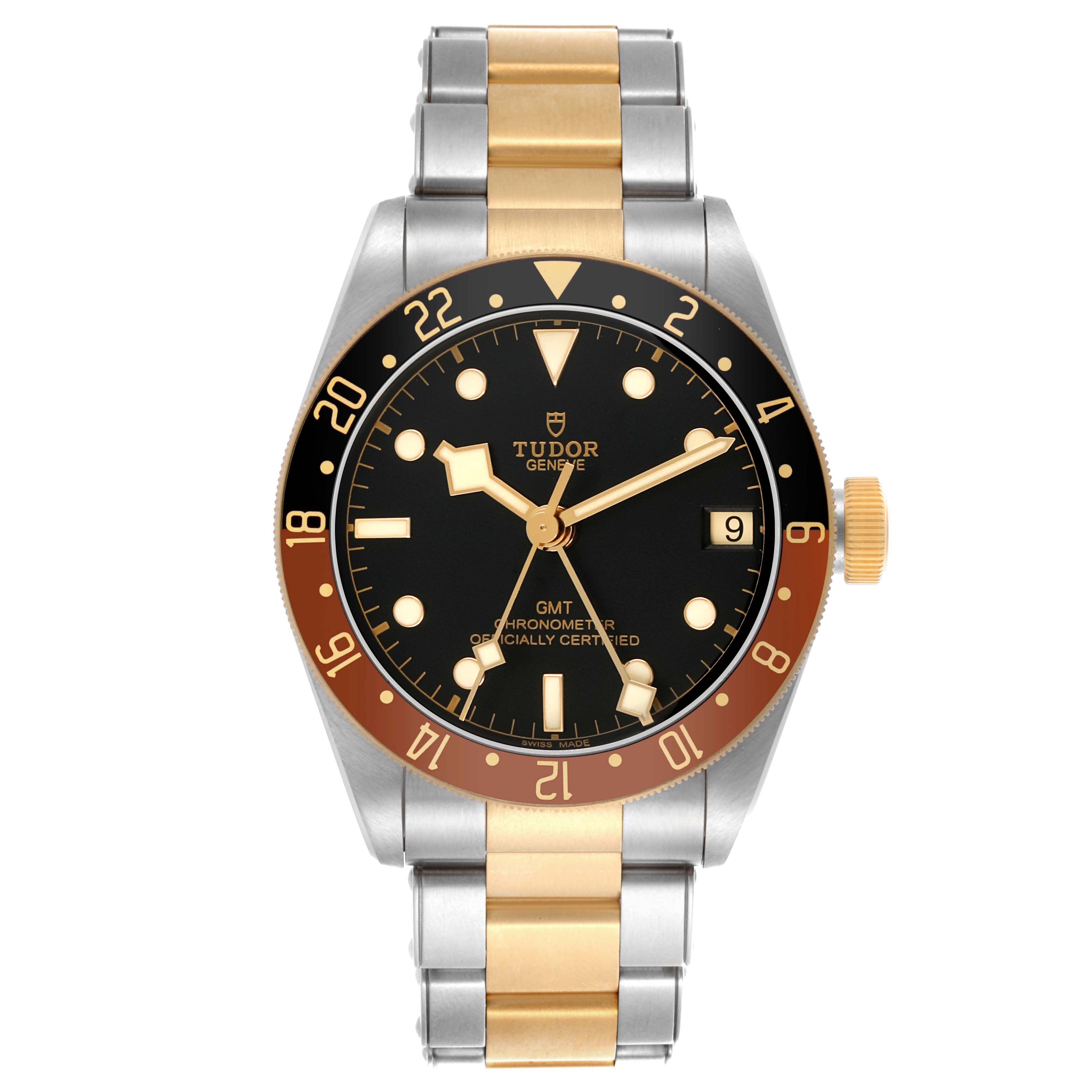 The Tudor Heritage Black Bay 79833MN Men's Steel and Gold (two tone) Black Dial watch is shown from the front, displaying the bezel, dial, hands, bracelet, and crown.