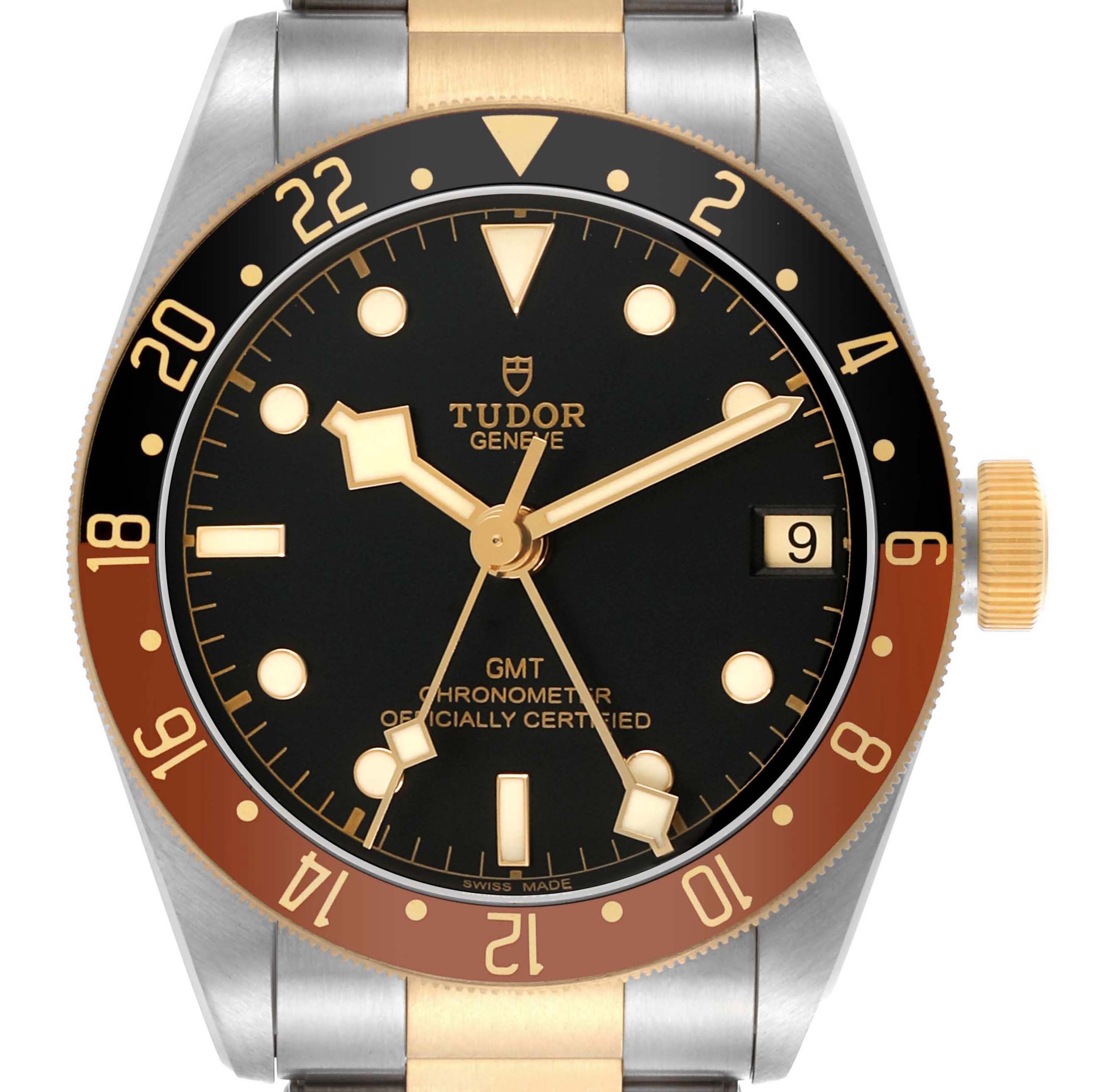 The Tudor Heritage Black Bay 79833MN Men's Steel and Gold (two tone) Black Dial watch is shown from a front angle, highlighting the dial, hands, and bezel.
