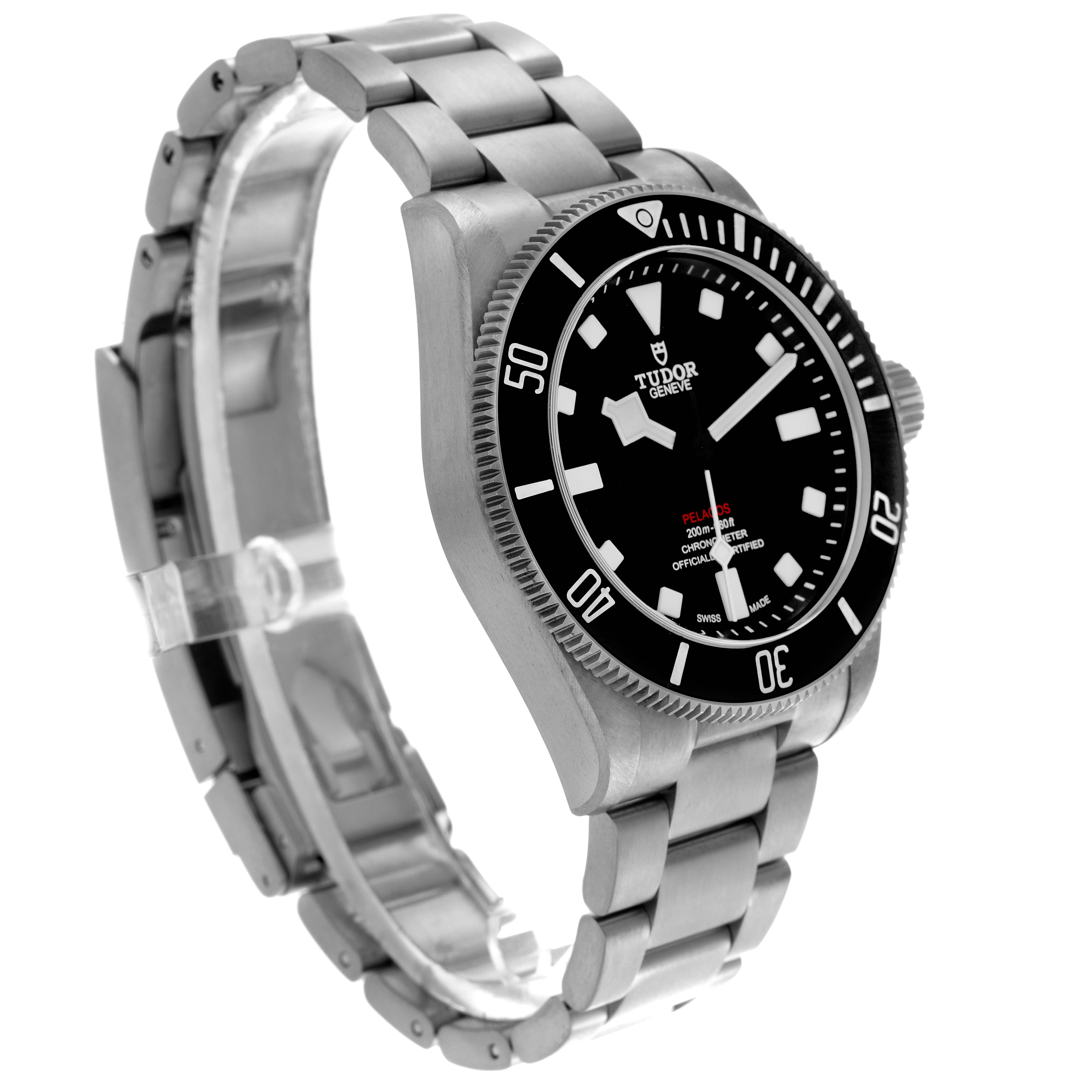 The Tudor Pelagos 25407 Men's Titanium Black Dial 25407 Men's Titanium Black Dial watch is shown at a slight angle, highlighting the case, bezel, bracelet, and dial.