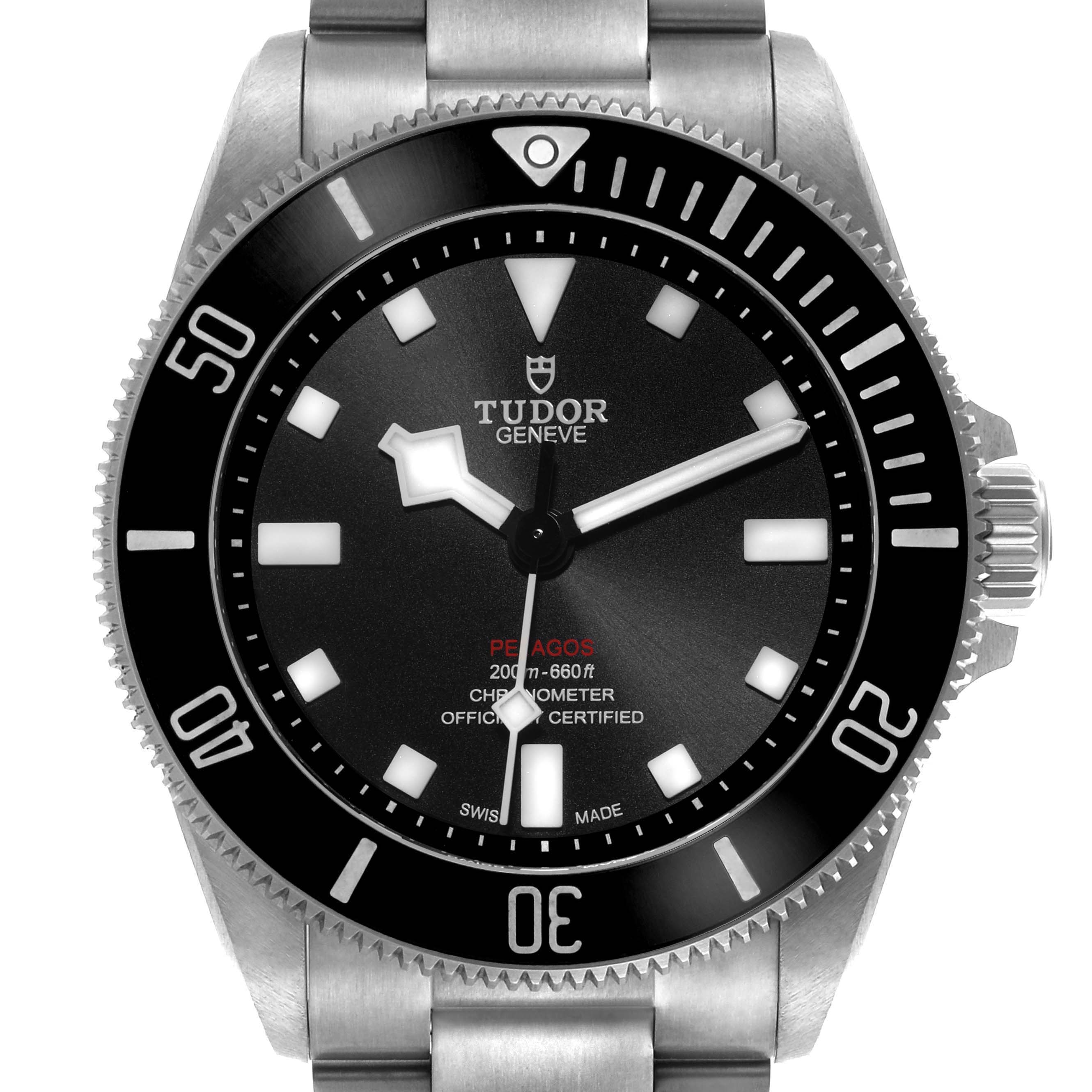 The Tudor Pelagos 25407 Men's Titanium Black Dial 25407 Men's Titanium Black Dial watch is shown from the front, highlighting its bezel, dial, hands, and crown.