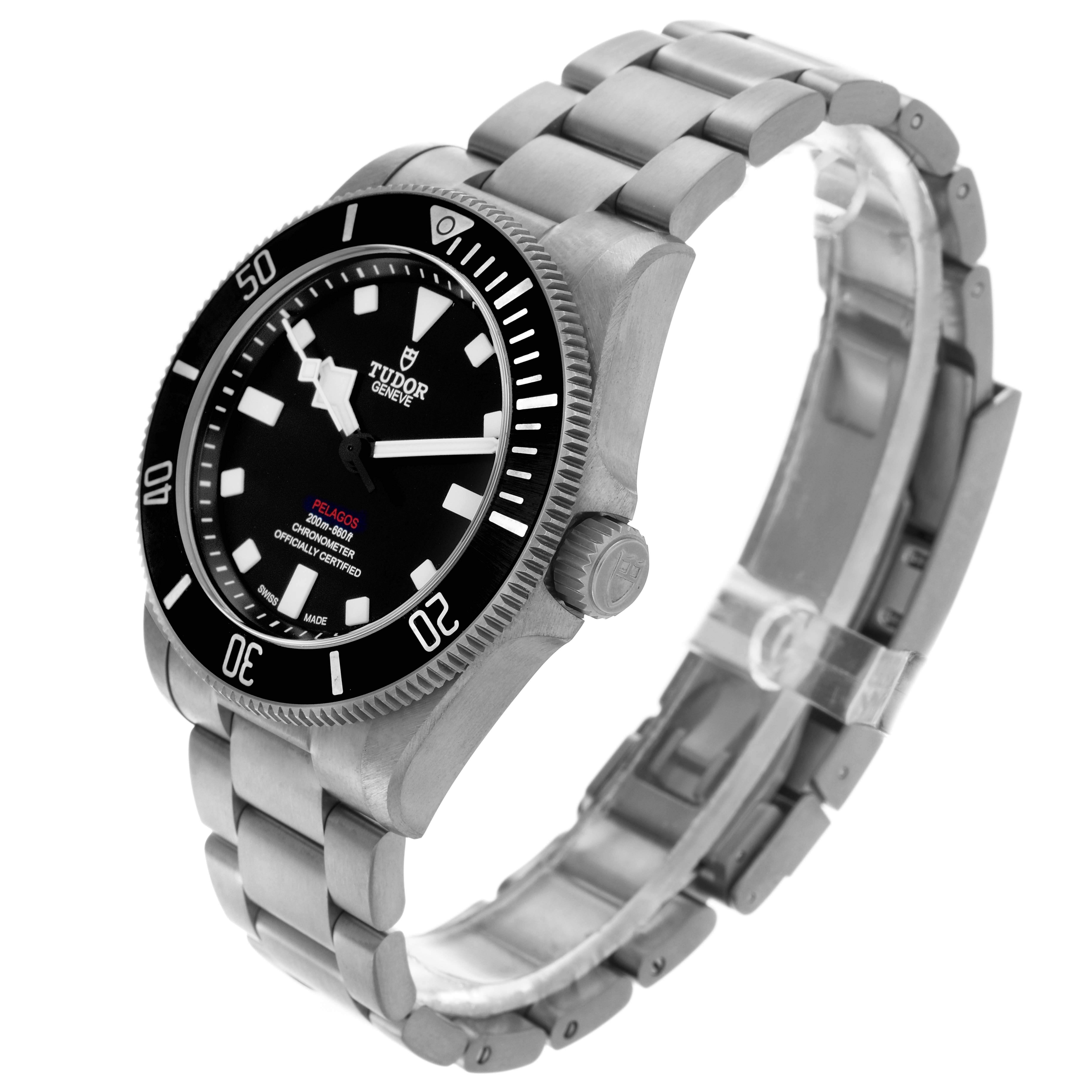 The Tudor Pelagos 25407 Men's Titanium Black Dial 25407 Men's Titanium Black Dial watch is shown at a tilted angle, displaying the dial, bezel, crown, and bracelet.