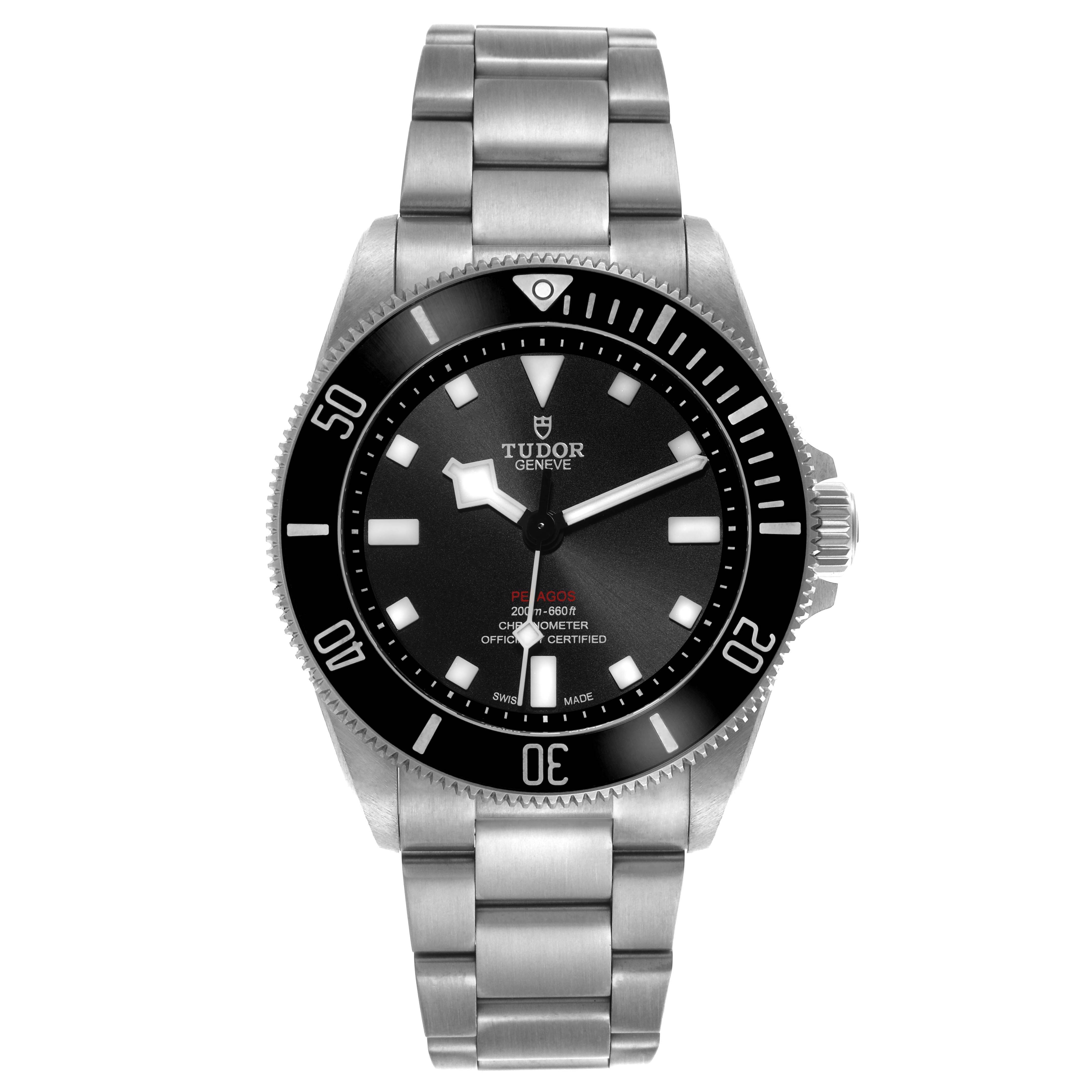 The Tudor Pelagos 25407 Men's Titanium Black Dial 25407 Men's Titanium Black Dial watch is shown from a top-down angle, displaying the bezel, dial, and bracelet.