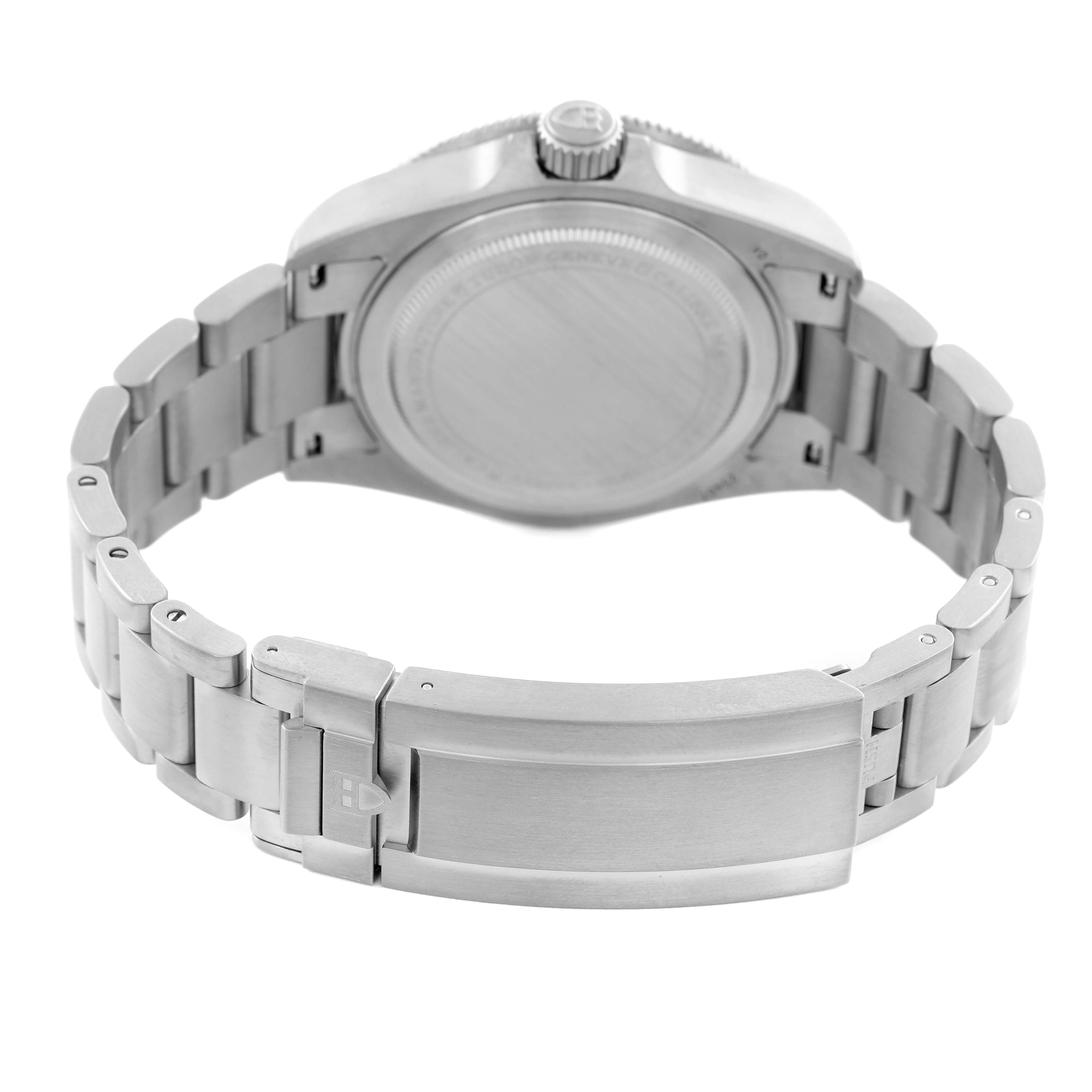 The image shows the back and clasp of a Tudor Pelagos 25407 Men's Titanium Black Dial 25407 Men's Titanium Black Dial watch, focusing on the case back and metal bracelet.