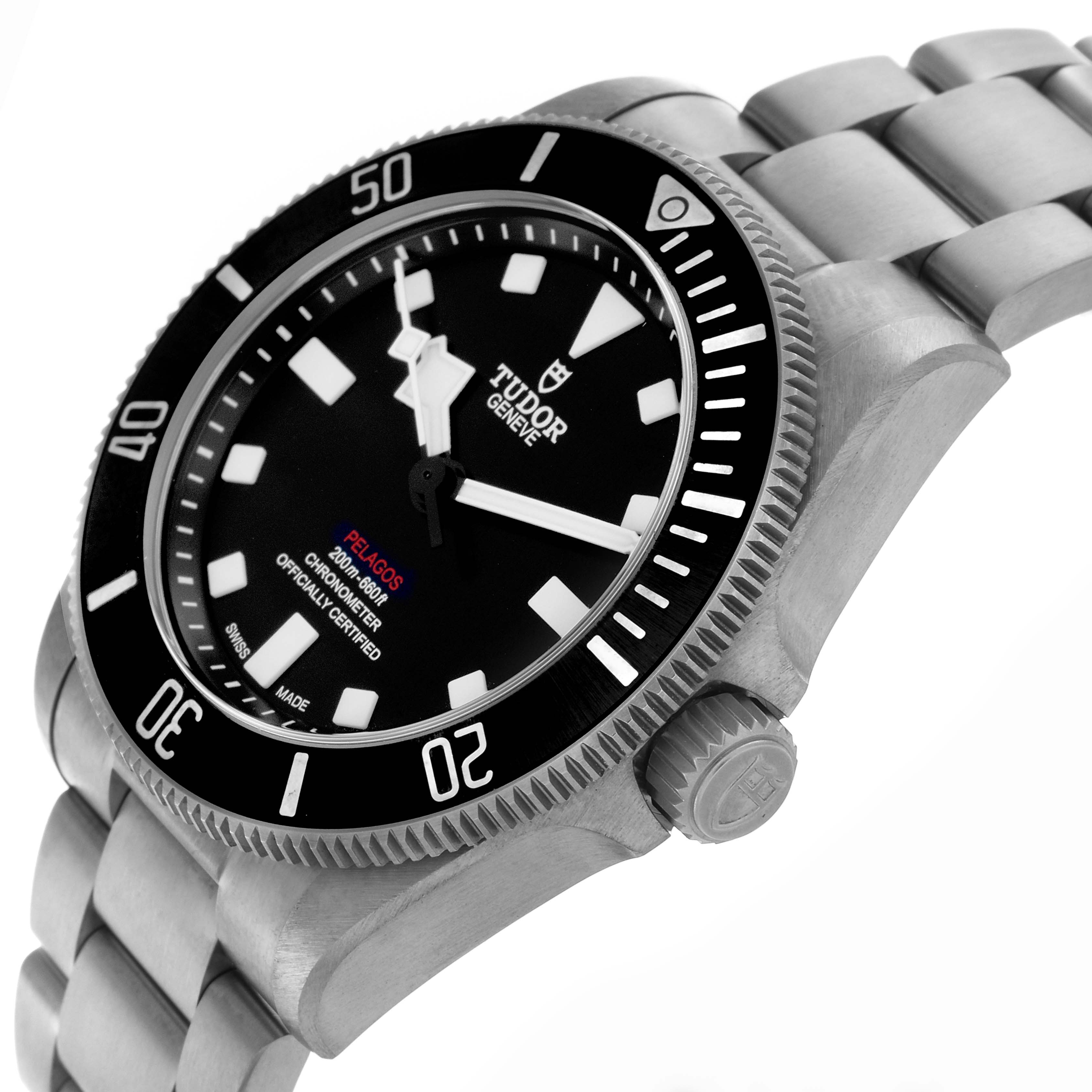 The Tudor Pelagos 25407 Men's Titanium Black Dial 25407 Men's Titanium Black Dial watch is shown at a three-quarter angle, highlighting the dial, bezel, case, and bracelet.