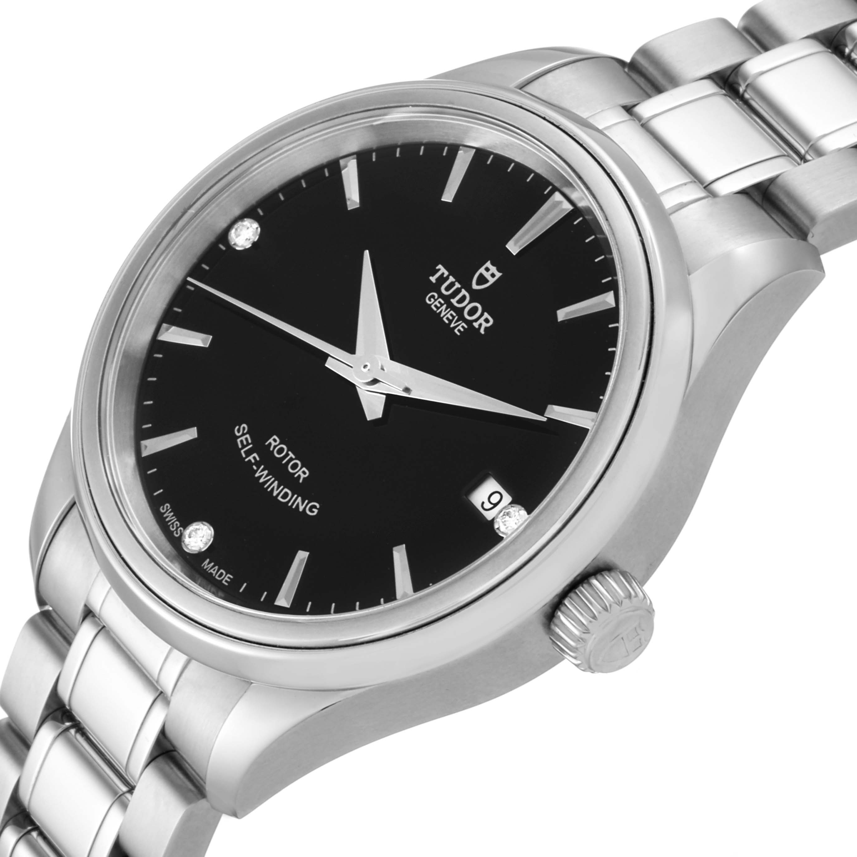 The image shows a side angle of the Tudor Style M12300-0004 Women's Stainless Steel Black Dial M12300-0004 Women's Stainless Steel Black Dial model watch, highlighting its face, bezel, crown, and part of the metal band.
