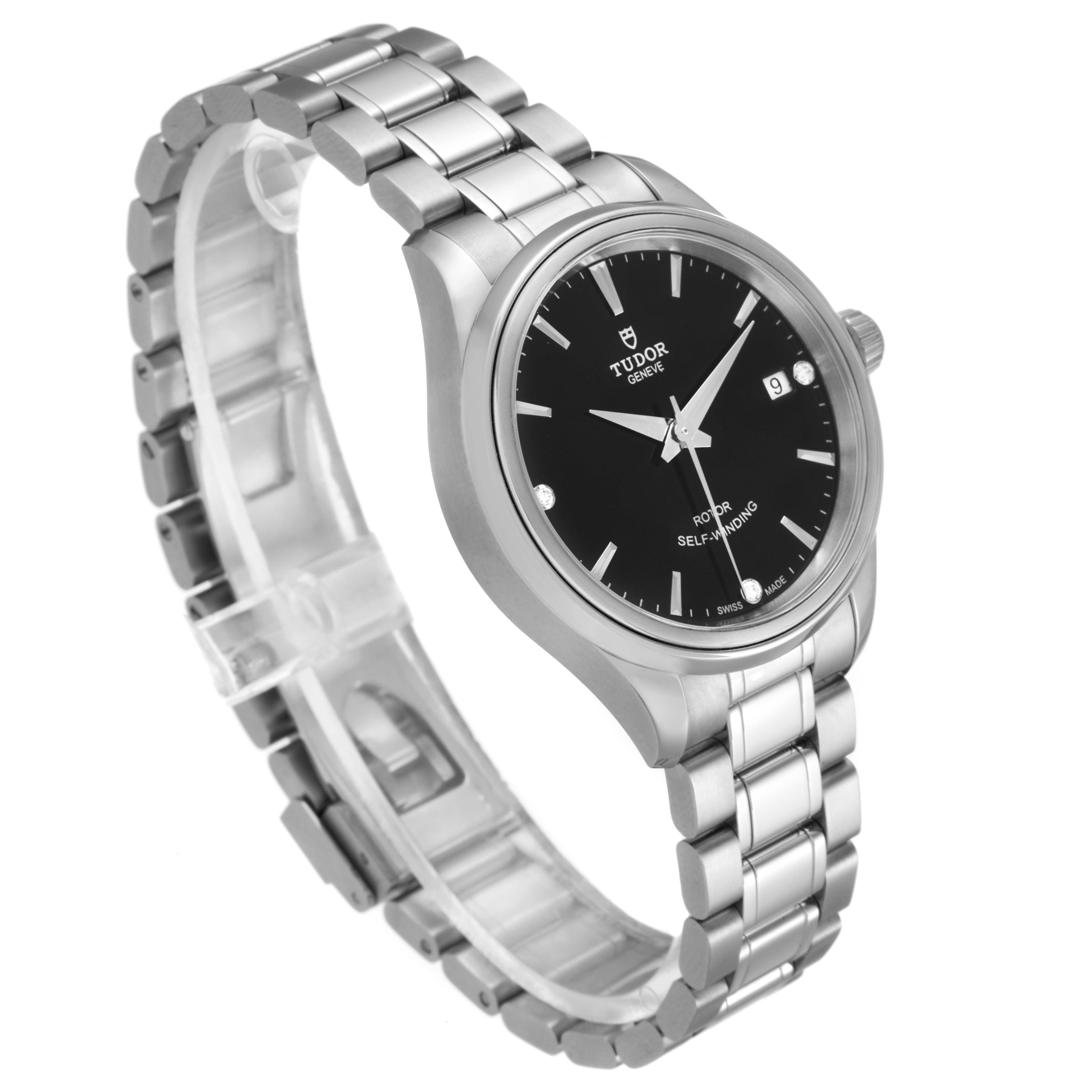 The Tudor Style M12300-0004 Women's Stainless Steel Black Dial M12300-0004 Women's Stainless Steel Black Dial model watch is shown at an angled side view, displaying the face, bezel, and metal bracelet.