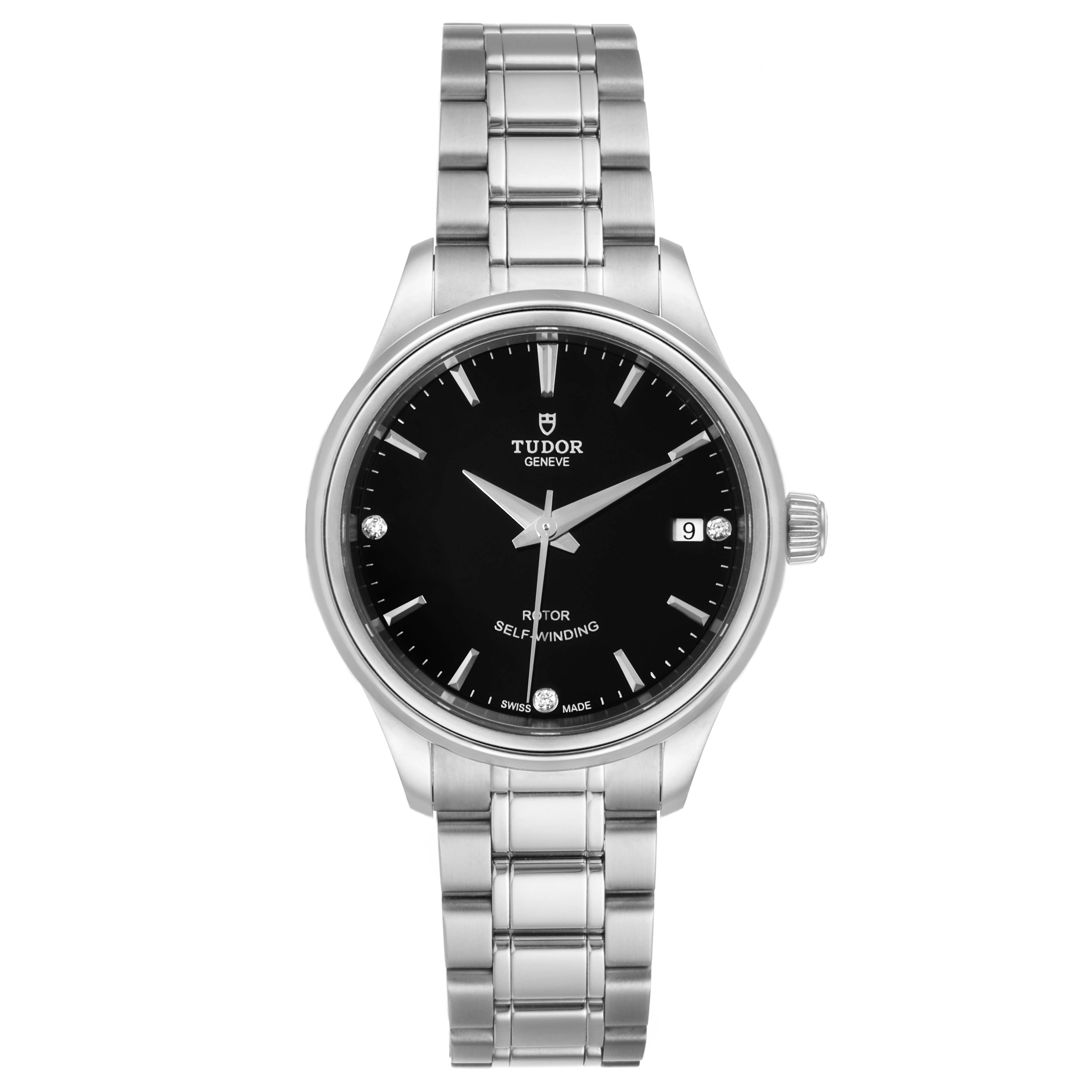 The Tudor Style M12300-0004 Women's Stainless Steel Black Dial M12300-0004 Women's Stainless Steel Black Dial model watch is shown from the front, displaying the face, dial, bracelet, and date feature.