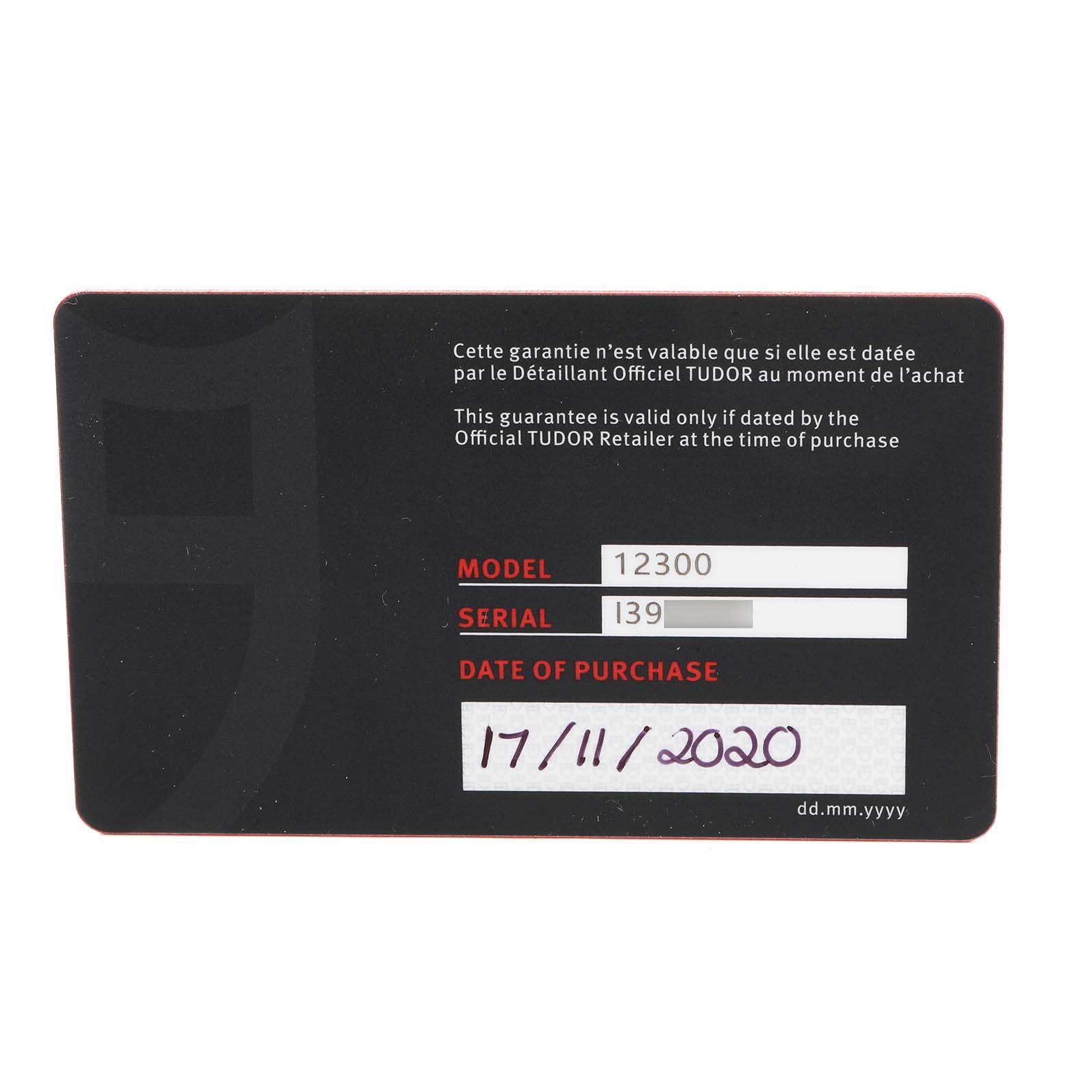 This image shows the warranty card for the Tudor Style M12300-0004 Women's Stainless Steel Black Dial M12300-0004 Women's Stainless Steel Black Dial model watch, including model, serial number, and date of purchase.