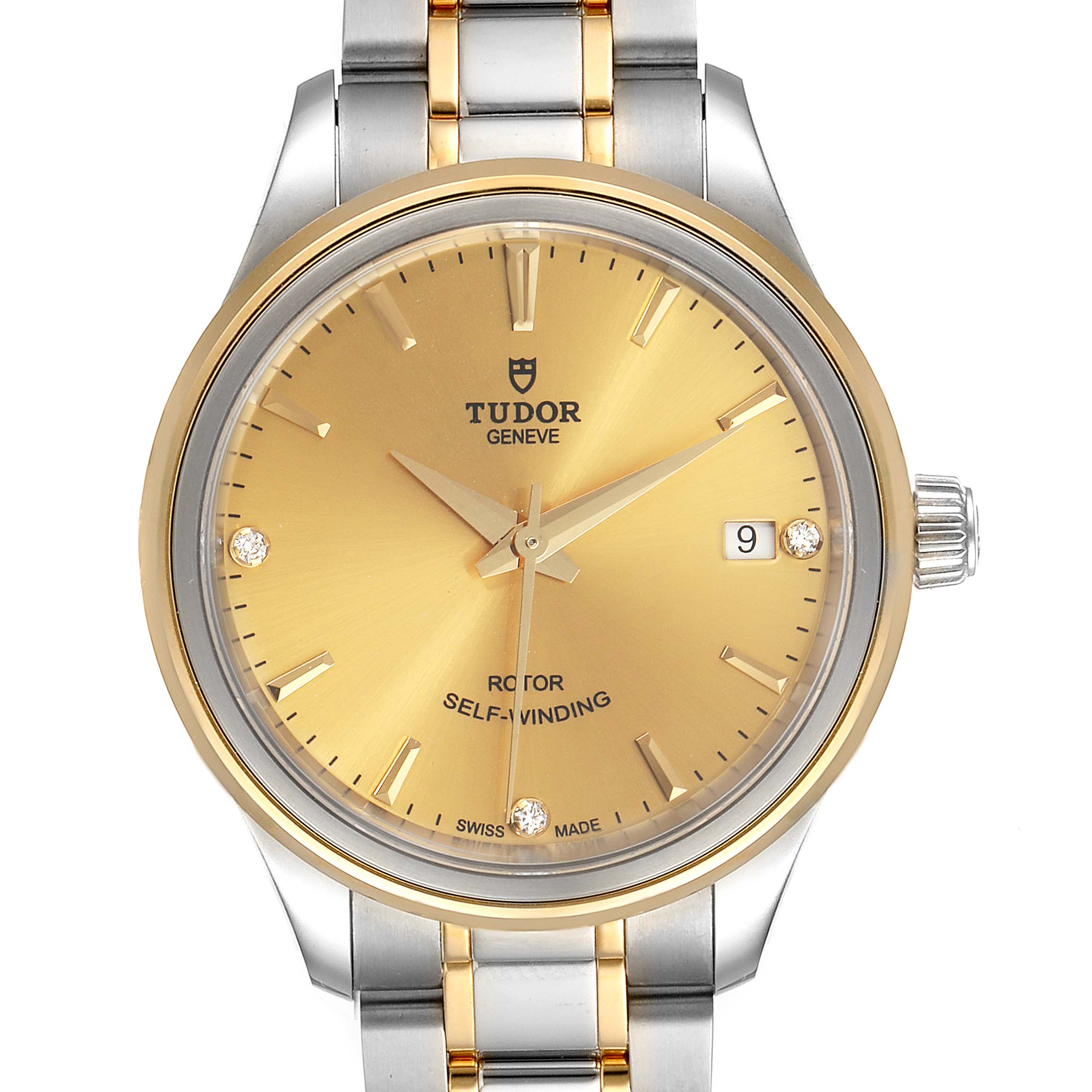 The image shows a front view of the Tudor Style M12303 Women's Steel and Gold (two tone) Champagne Dial M12303 Women's Steel and Gold (two tone) Champagne Dial watch, highlighting its gold dial, stainless steel and gold bracelet, and date feature.
