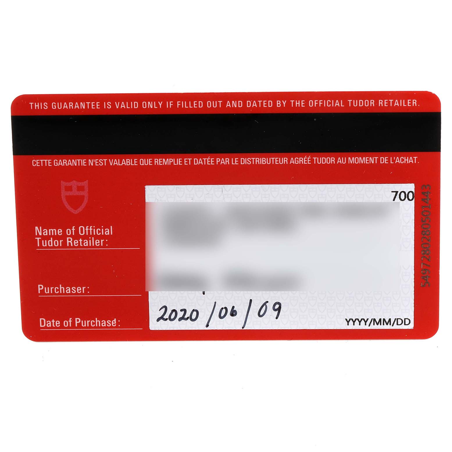 This image shows a warranty card for the Tudor Style M12303 Women's Steel and Gold (two tone) Champagne Dial M12303 Women's Steel and Gold (two tone) Champagne Dial watch model with handwritten purchase details.