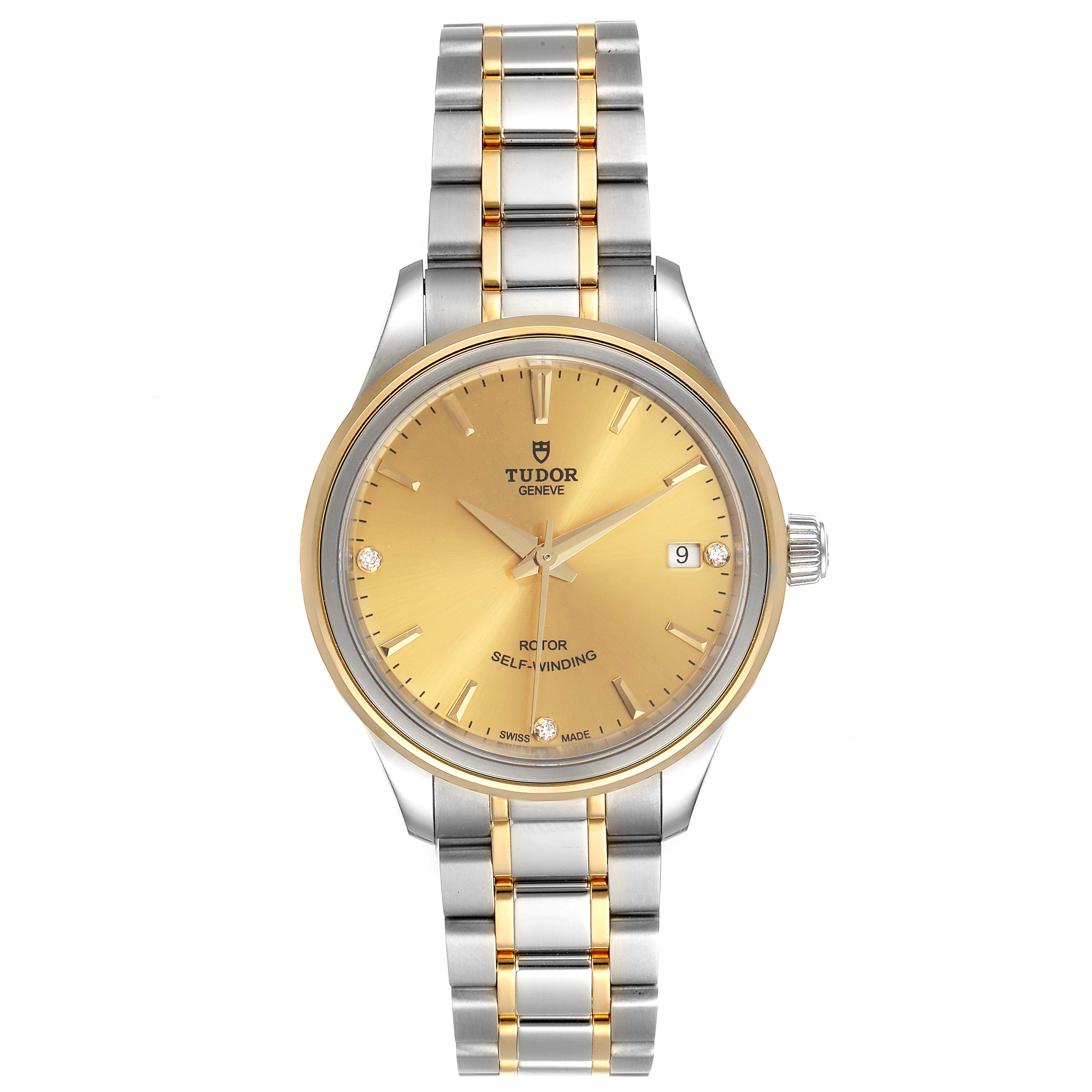 The Tudor Style M12303 Women's Steel and Gold (two tone) Champagne Dial M12303 Women's Steel and Gold (two tone) Champagne Dial model watch is shown from the front, highlighting its gold dial, date window, and two-tone bracelet.