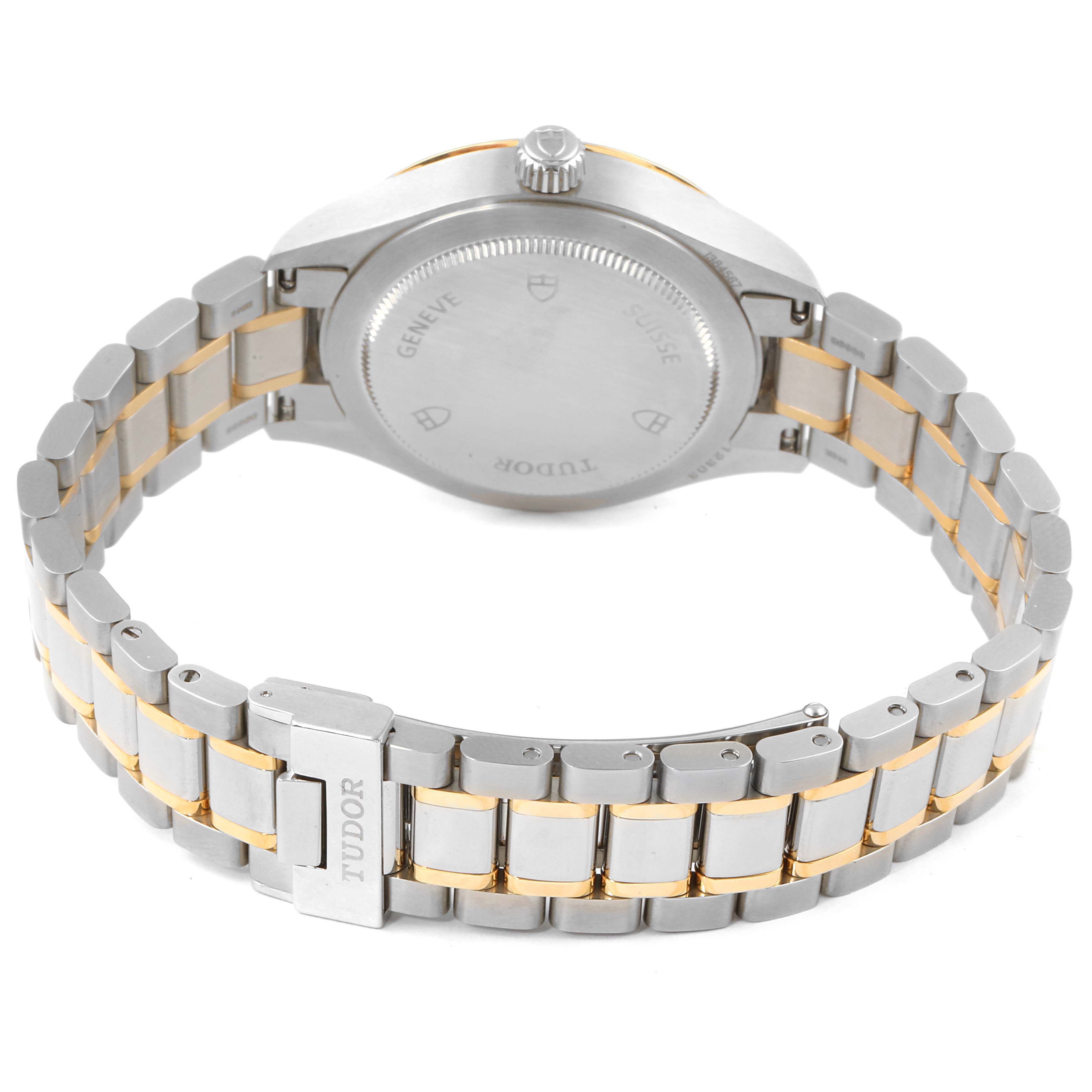 The image shows the back and bracelet of the Tudor Style M12303 Women's Steel and Gold (two tone) Champagne Dial M12303 Women's Steel and Gold (two tone) Champagne Dial model watch, highlighting the case back and clasp.