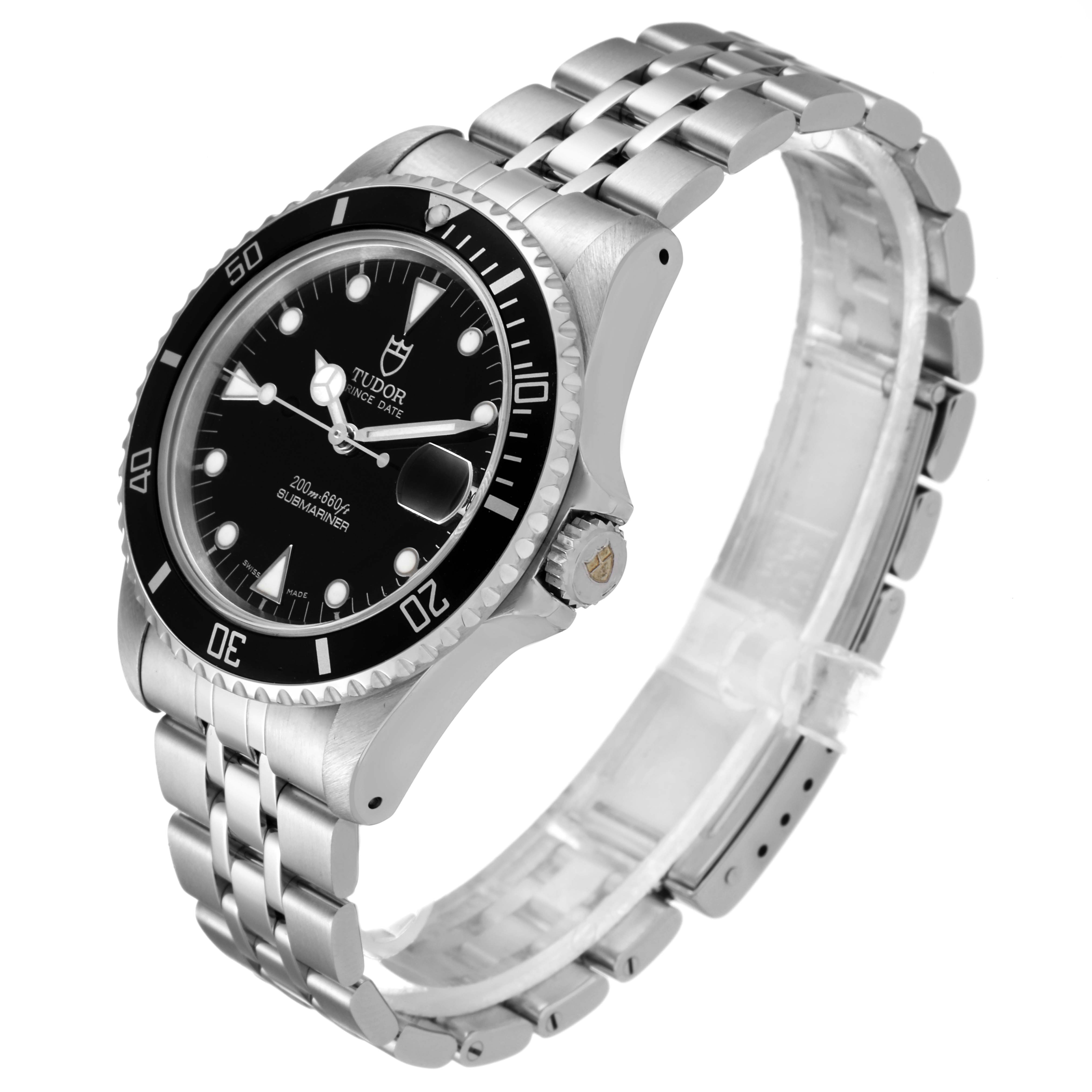 The image shows a Tudor Submariner 75190 Men's Stainless Steel Black Dial 75190 Men's Stainless Steel Black Dial watch at a slight angle, highlighting its face, bezel, crown, and stainless steel bracelet.