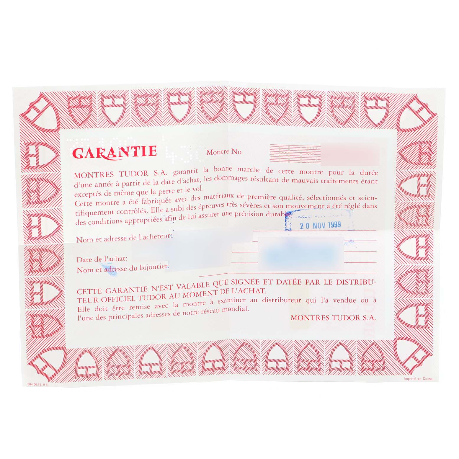 The image shows a warranty card for the Tudor Submariner 75190 Men's Stainless Steel Black Dial 75190 Men's Stainless Steel Black Dial watch model, viewed from a top-down angle.