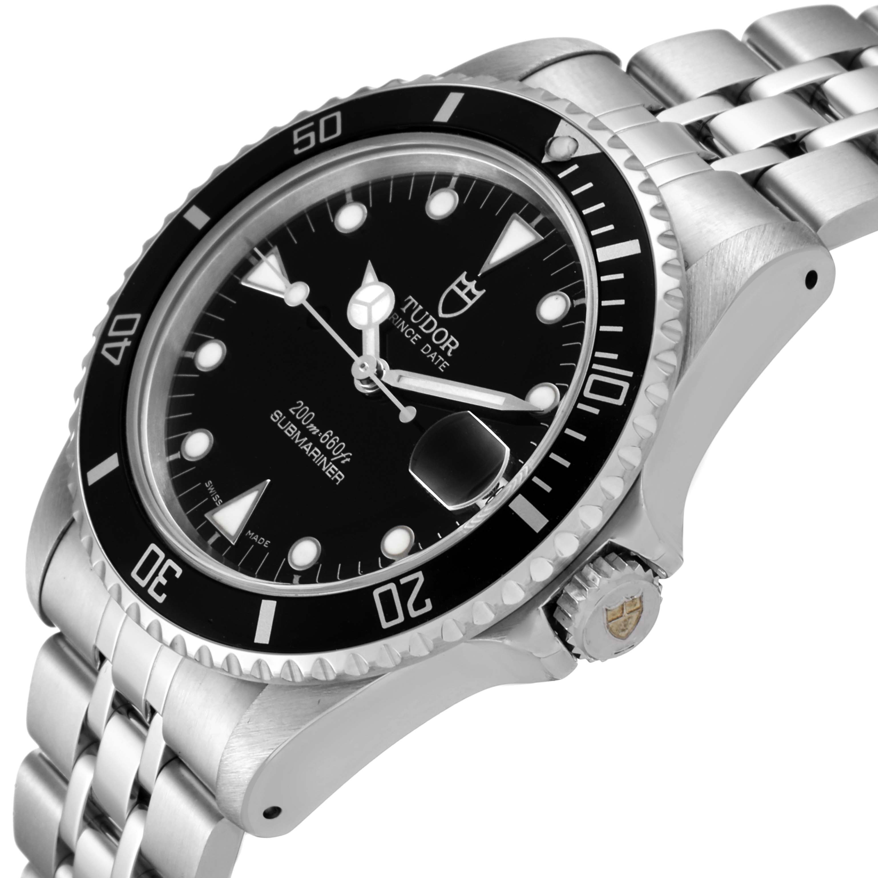 The Tudor Submariner 75190 Men's Stainless Steel Black Dial 75190 Men's Stainless Steel Black Dial watch is shown at an angle highlighting its face, bezel, crown, and part of the bracelet.