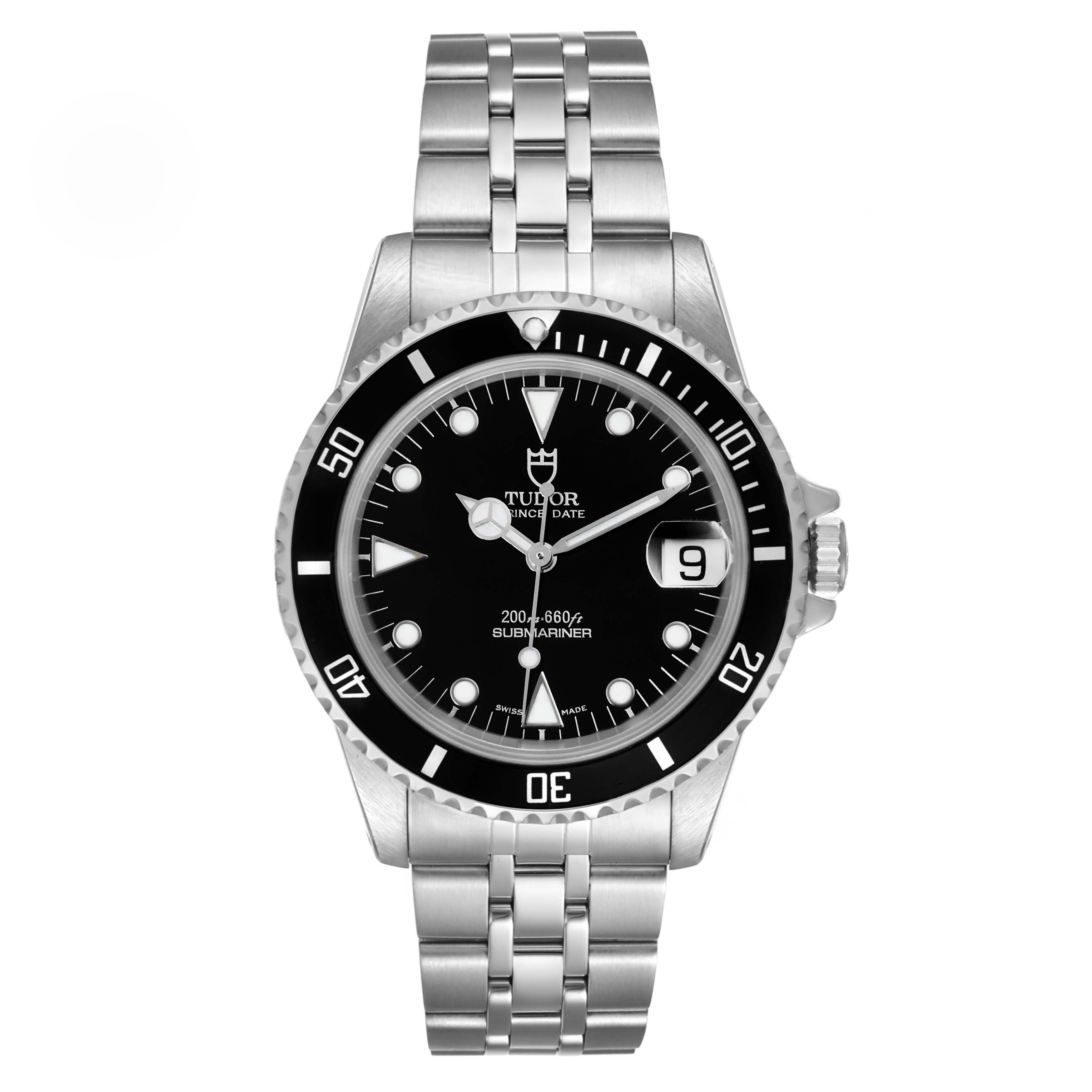 The Tudor Submariner 75190 Men's Stainless Steel Black Dial 75190 Men's Stainless Steel Black Dial watch is shown from a frontal angle, displaying its dial, bezel, bracelet, and crown.