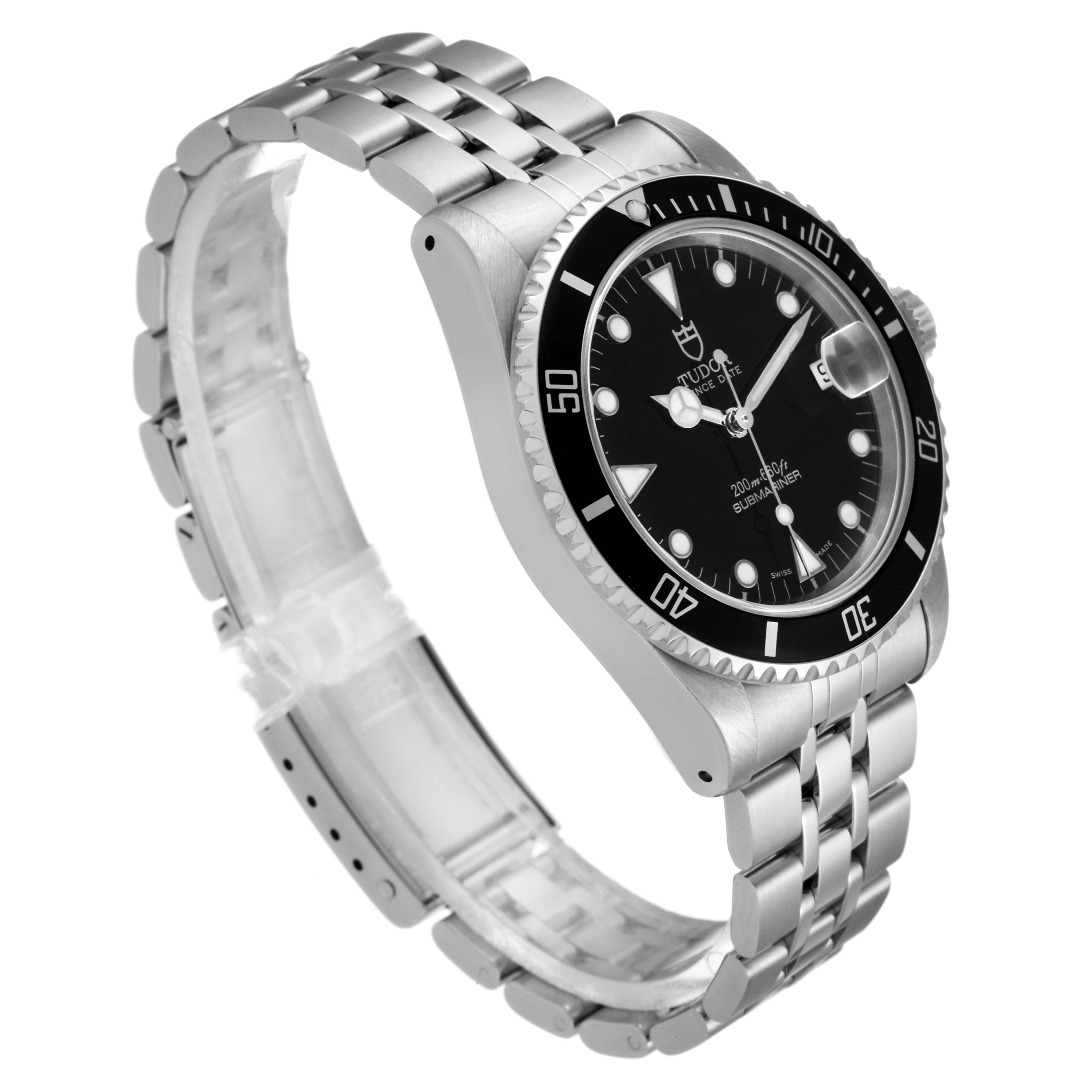 The Tudor Submariner 75190 Men's Stainless Steel Black Dial 75190 Men's Stainless Steel Black Dial watch is shown at a three-quarter angle, highlighting the bracelet, dial, bezel, and case.
