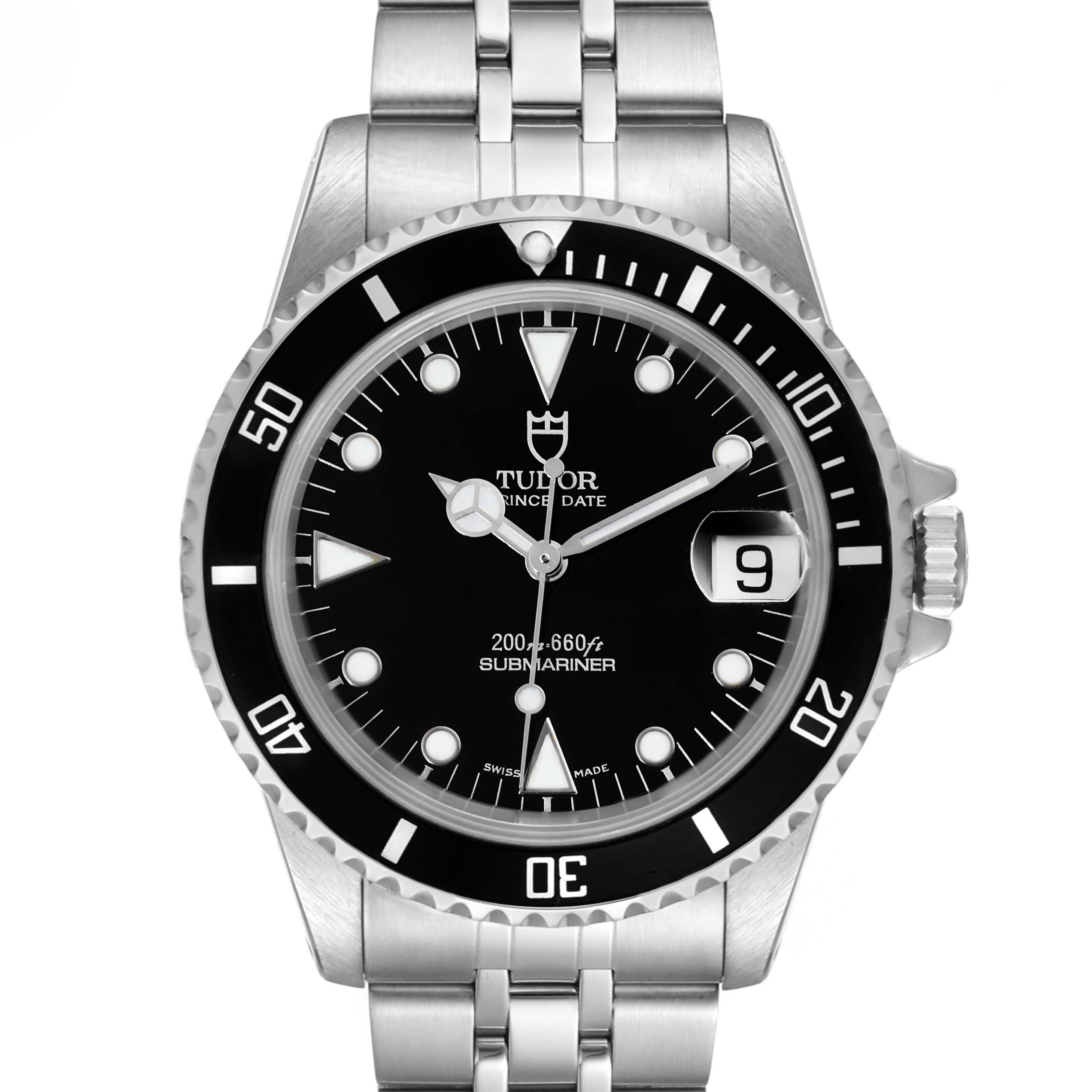 The image shows a frontal view of the Tudor Submariner 75190 Men's Stainless Steel Black Dial 75190 Men's Stainless Steel Black Dial watch, highlighting its black dial, bezel, and stainless steel bracelet.