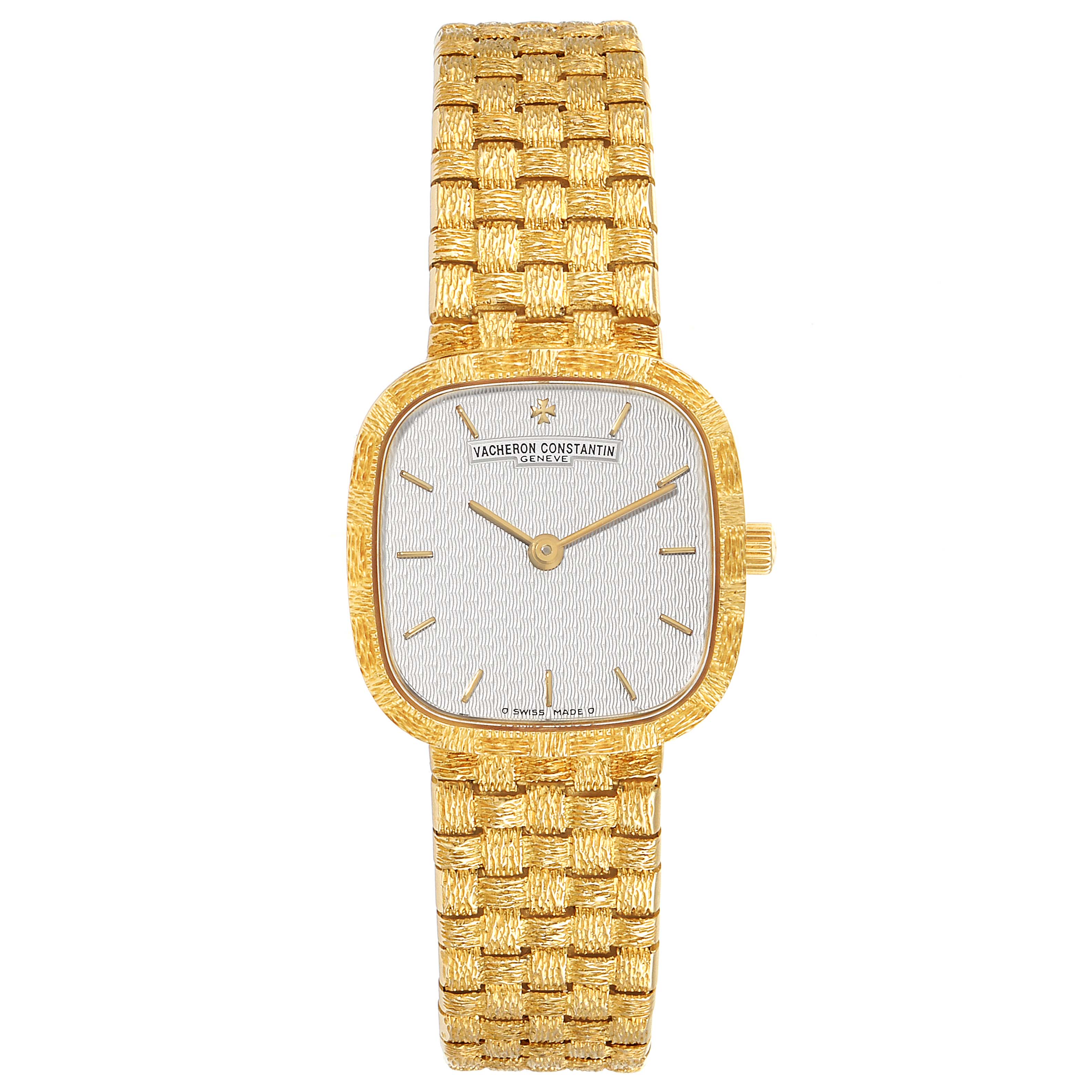 This image shows a front view of a Vintage Vacheron Constantin watch with a gold woven band and square-shaped dial.