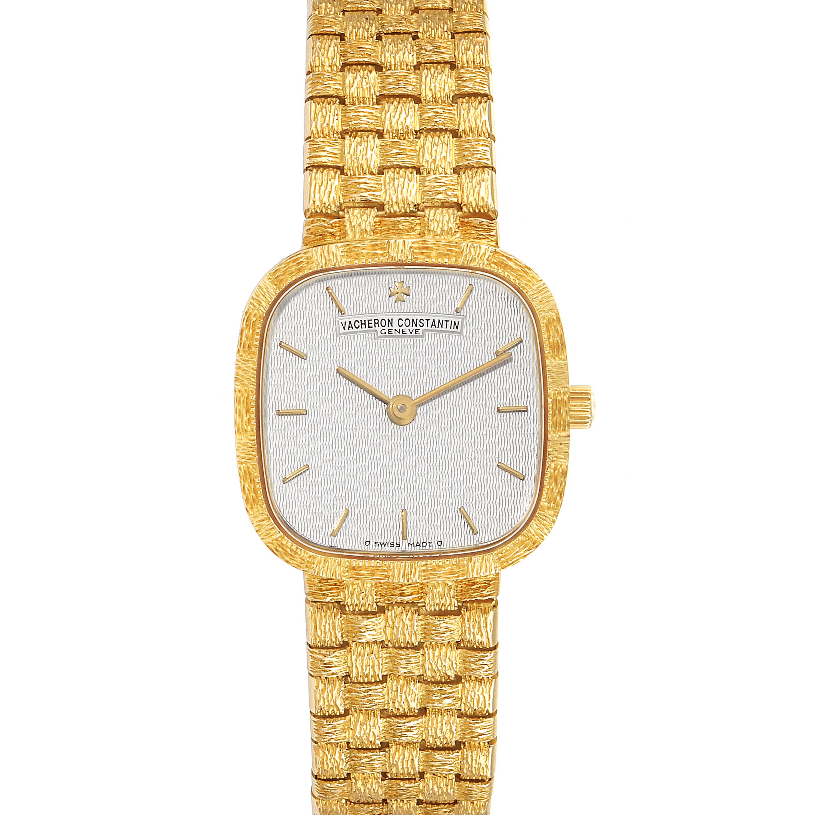 The image shows a front view of the dial and part of the bracelet of the Vintage Vacheron Constantin watch.