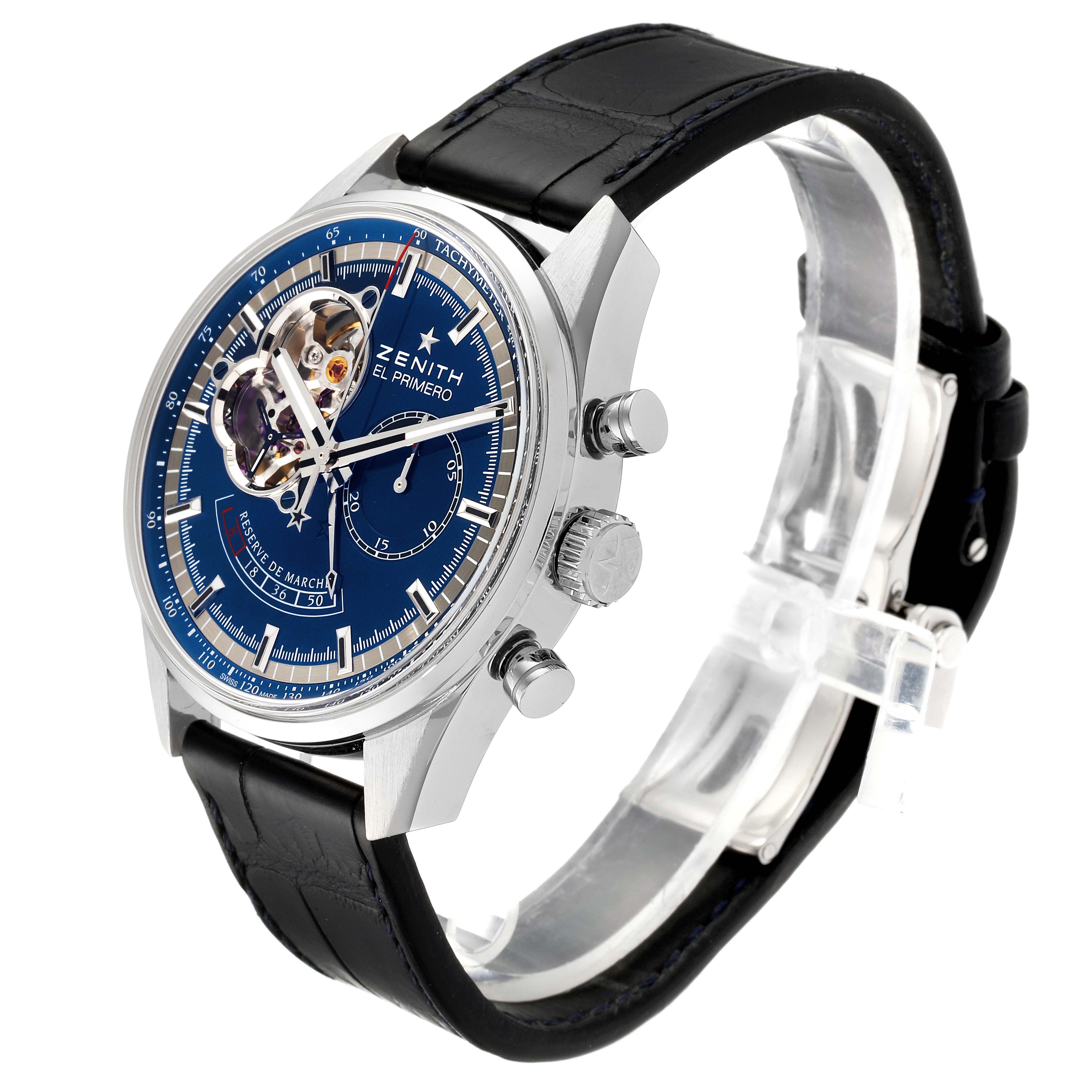 The Zenith Chronomaster 03.2085.4021/51.C700 Men's Stainless Steel Blue Dial 03.2085.4021/51.C700 Men's Stainless Steel Blue Dial watch is shown from an angled side view, highlighting the blue dial, case, crown, pushers, and black leather strap.