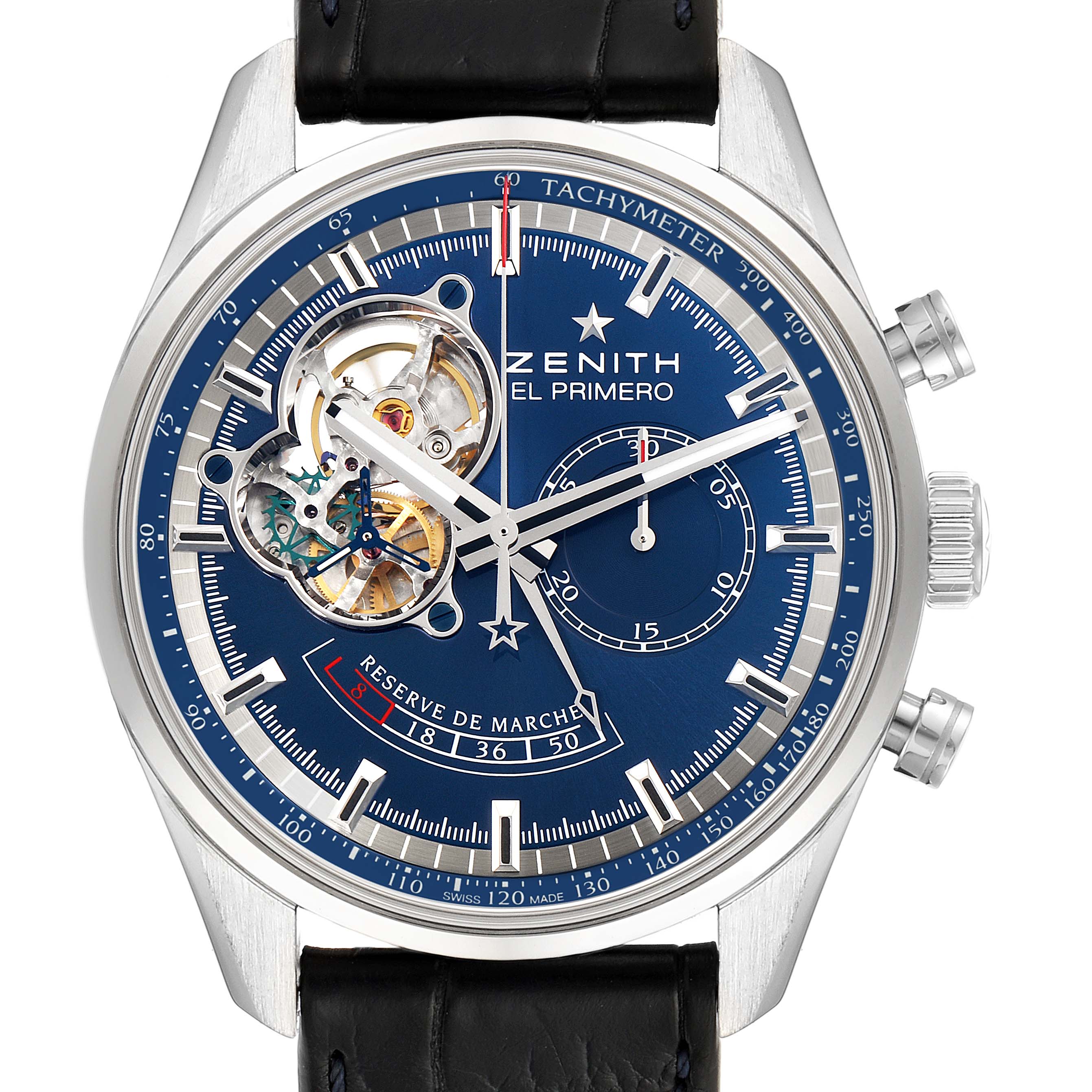 The Zenith Chronomaster 03.2085.4021/51.C700 Men's Stainless Steel Blue Dial 03.2085.4021/51.C700 Men's Stainless Steel Blue Dial watch is shown from a frontal angle, displaying its face, hands, subdials, and part of the strap.