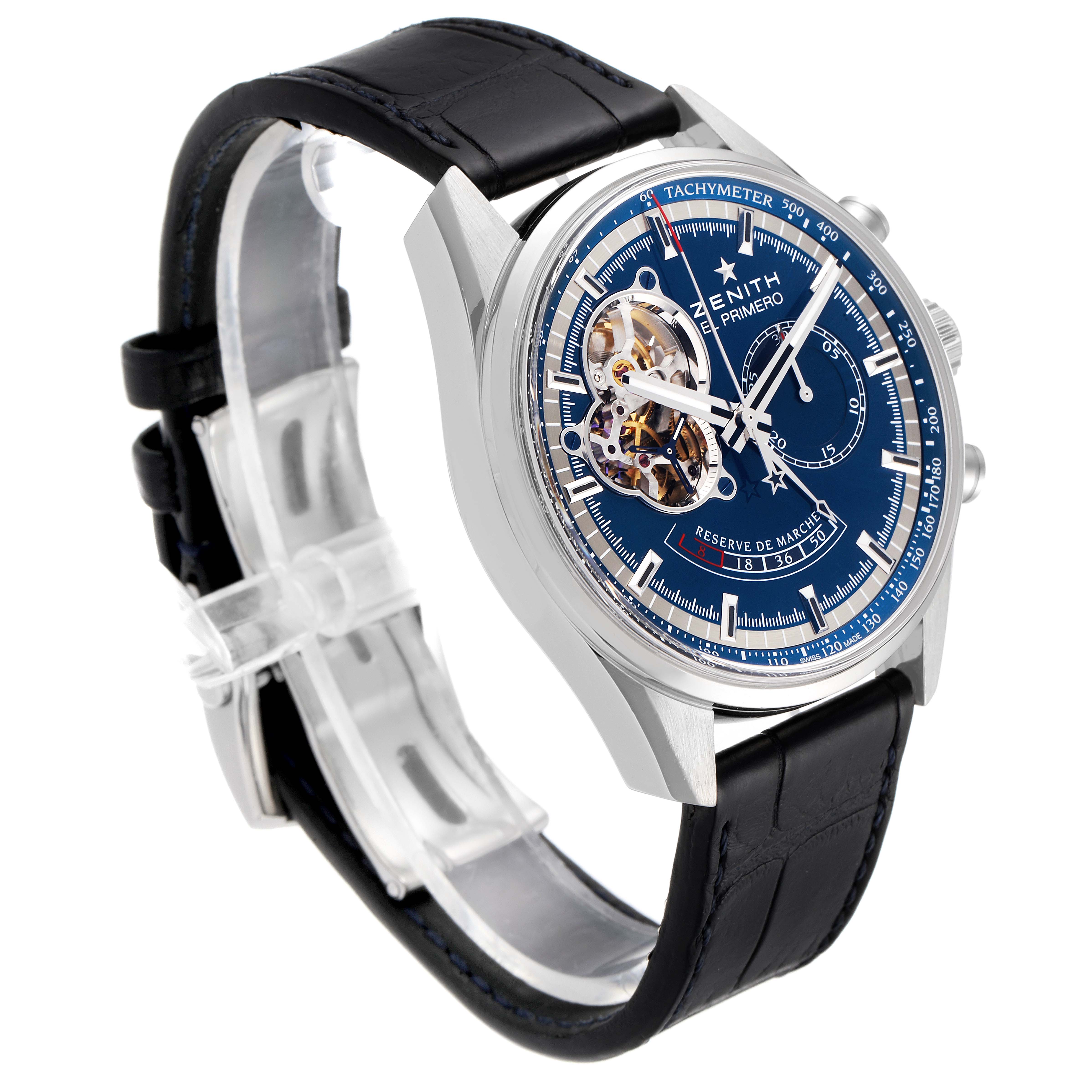 The Zenith Chronomaster 03.2085.4021/51.C700 Men's Stainless Steel Blue Dial 03.2085.4021/51.C700 Men's Stainless Steel Blue Dial watch is shown at a three-quarter angle, highlighting its face, case, and strap.