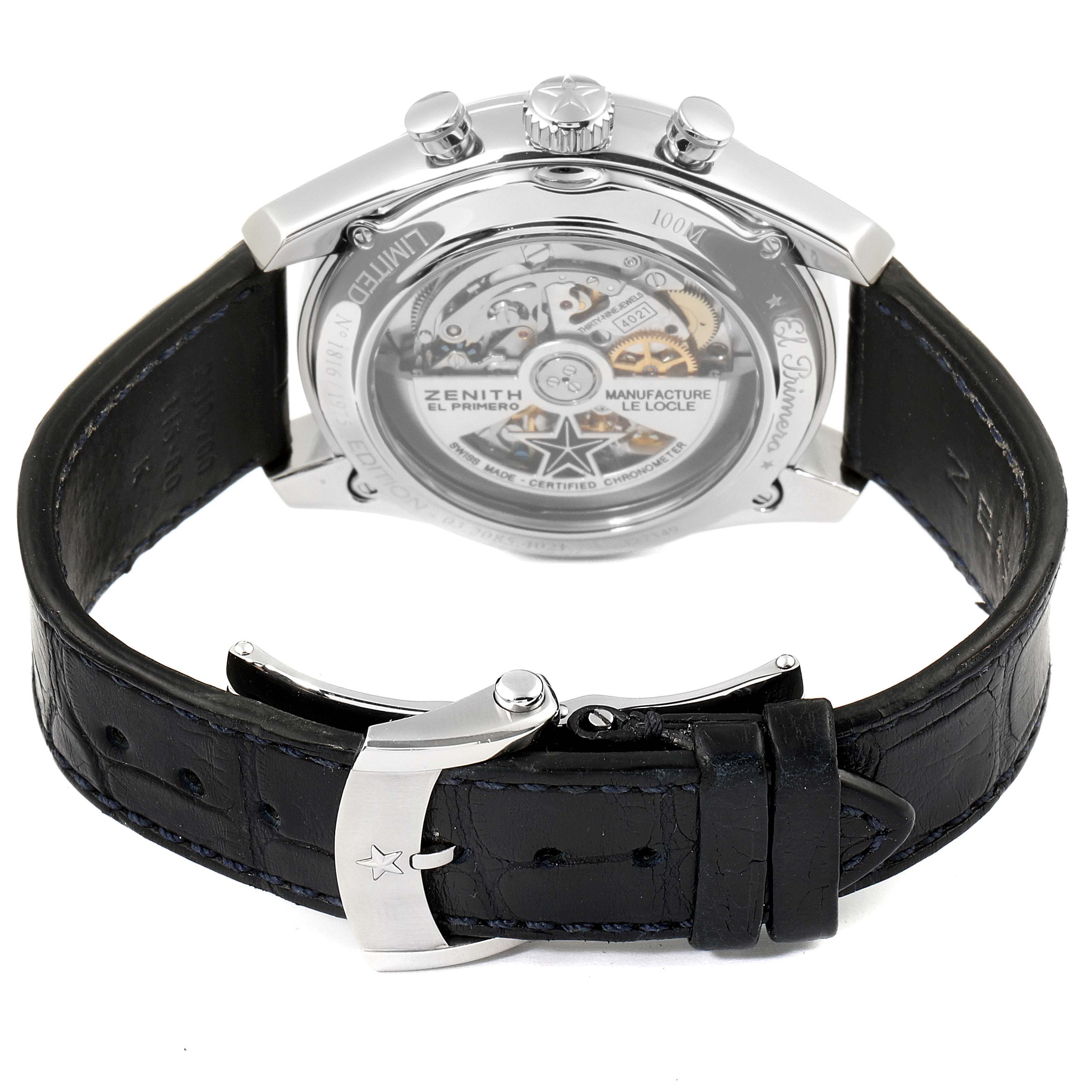 The image shows the back and side angle of a Zenith Chronomaster 03.2085.4021/51.C700 Men's Stainless Steel Blue Dial 03.2085.4021/51.C700 Men's Stainless Steel Blue Dial watch, highlighting the movement, crown, and leather strap.