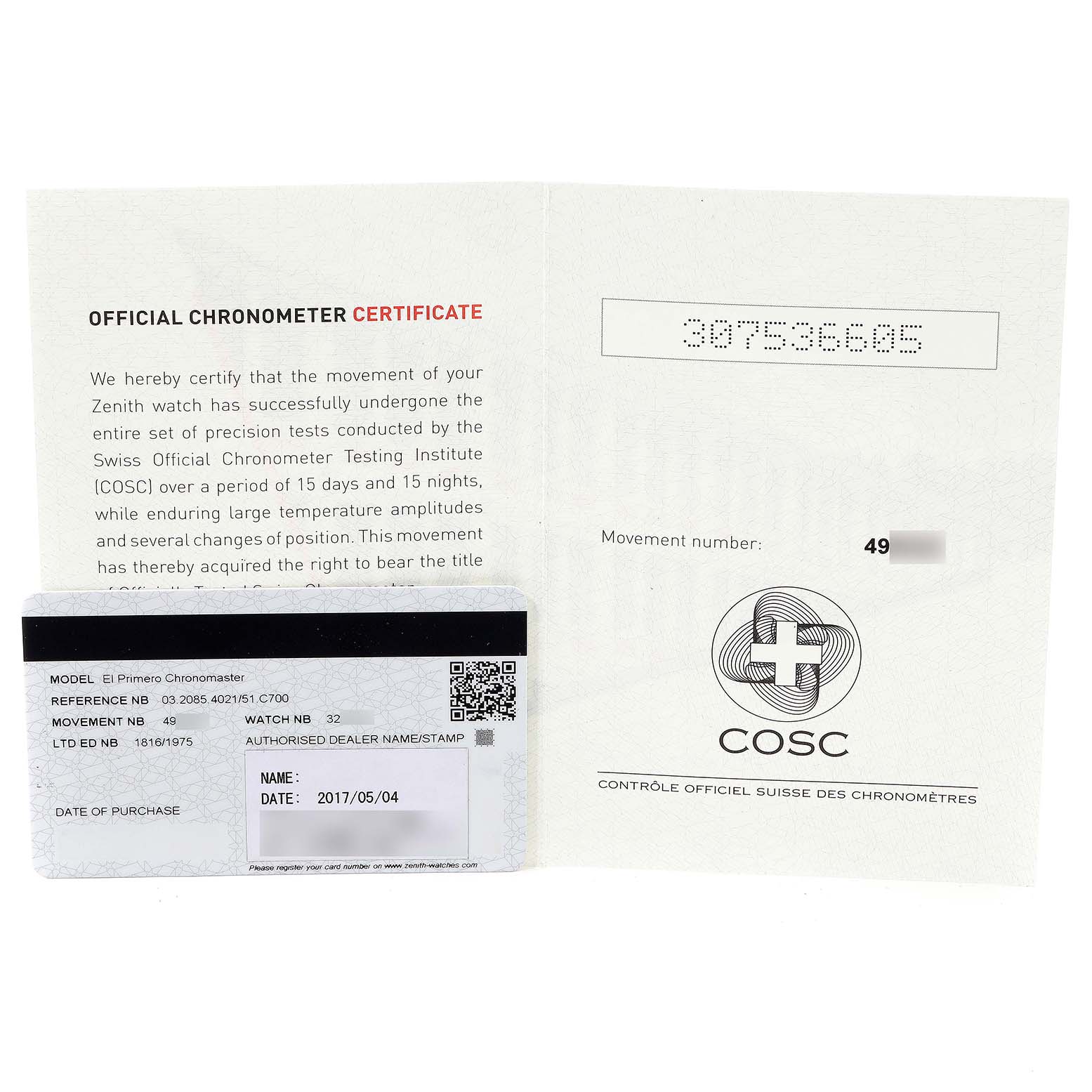 The image shows an official chronometer certificate and card for the Zenith Chronomaster 03.2085.4021/51.C700 Men's Stainless Steel Blue Dial 03.2085.4021/51.C700 Men's Stainless Steel Blue Dial model watch, displayed open.