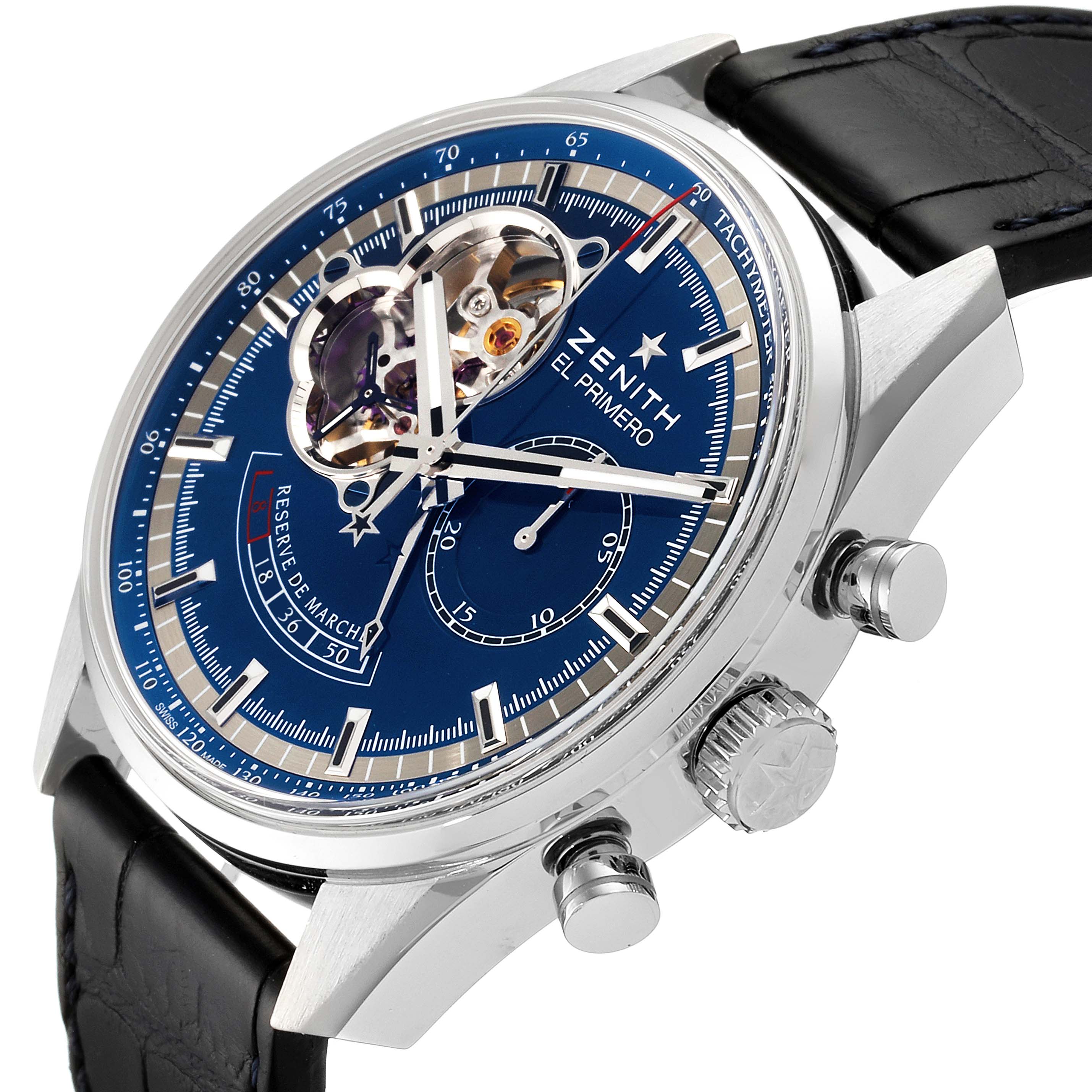 This angled view of the Zenith Chronomaster 03.2085.4021/51.C700 Men's Stainless Steel Blue Dial 03.2085.4021/51.C700 Men's Stainless Steel Blue Dial watch shows the blue dial, open heart, chronograph subdials, and leather strap.