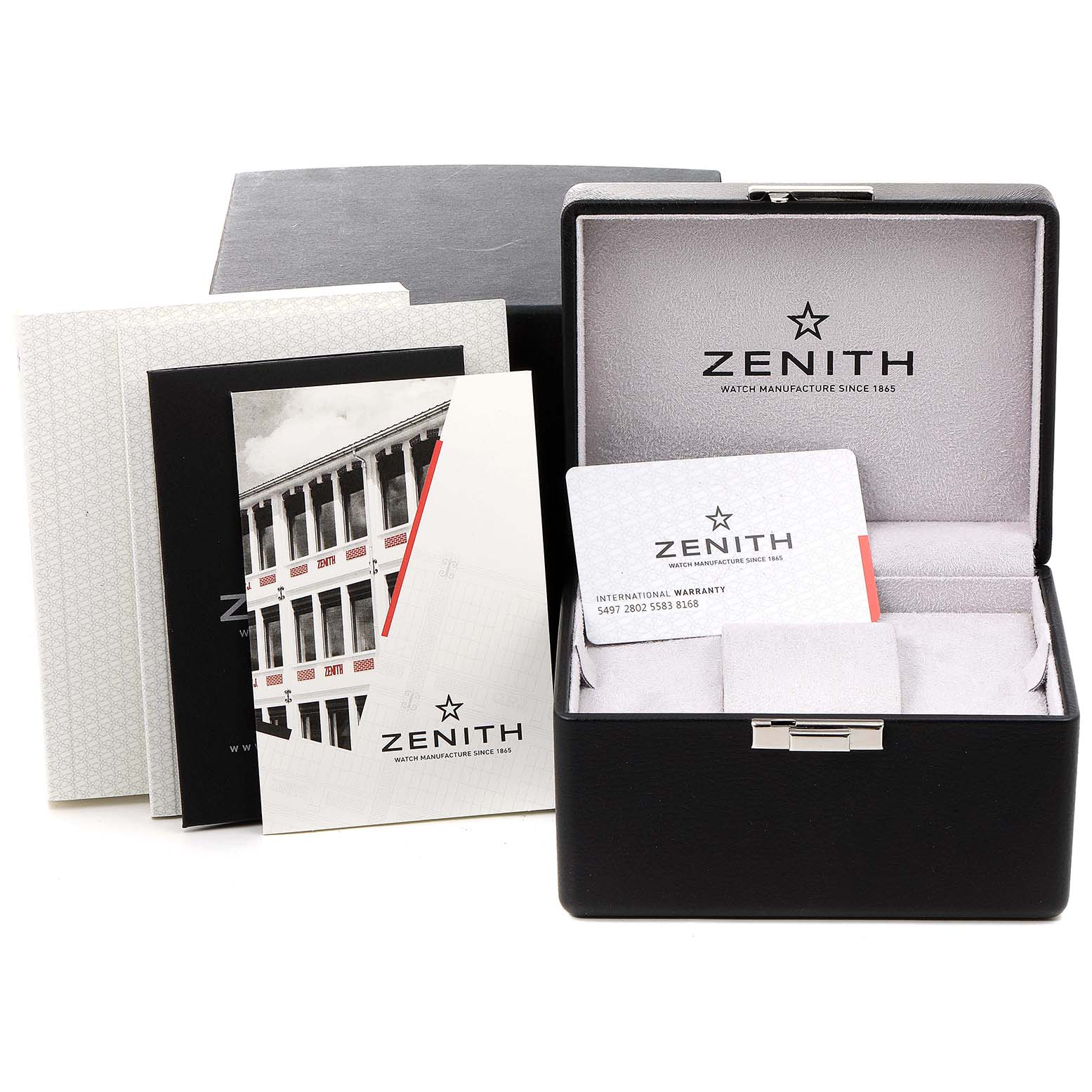 The image shows the presentation box and documentation for the Zenith Chronomaster 03.2085.4021/51.C700 Men's Stainless Steel Blue Dial 03.2085.4021/51.C700 Men's Stainless Steel Blue Dial model watch.