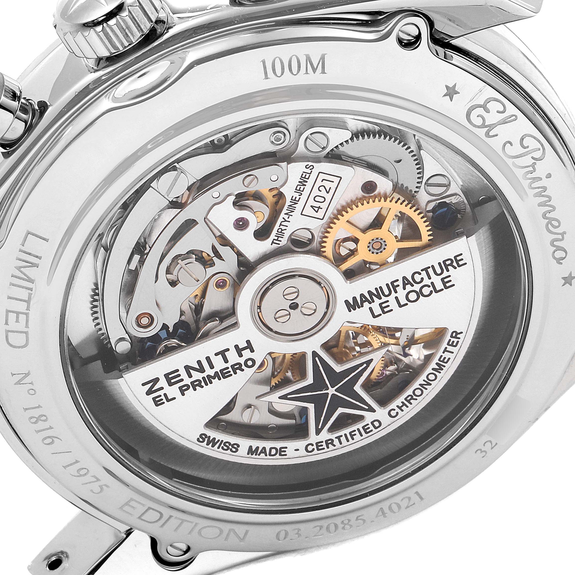 The image shows the back view of the Zenith Chronomaster 03.2085.4021/51.C700 Men's Stainless Steel Blue Dial 03.2085.4021/51.C700 Men's Stainless Steel Blue Dial, highlighting its intricate movement and engraved details.