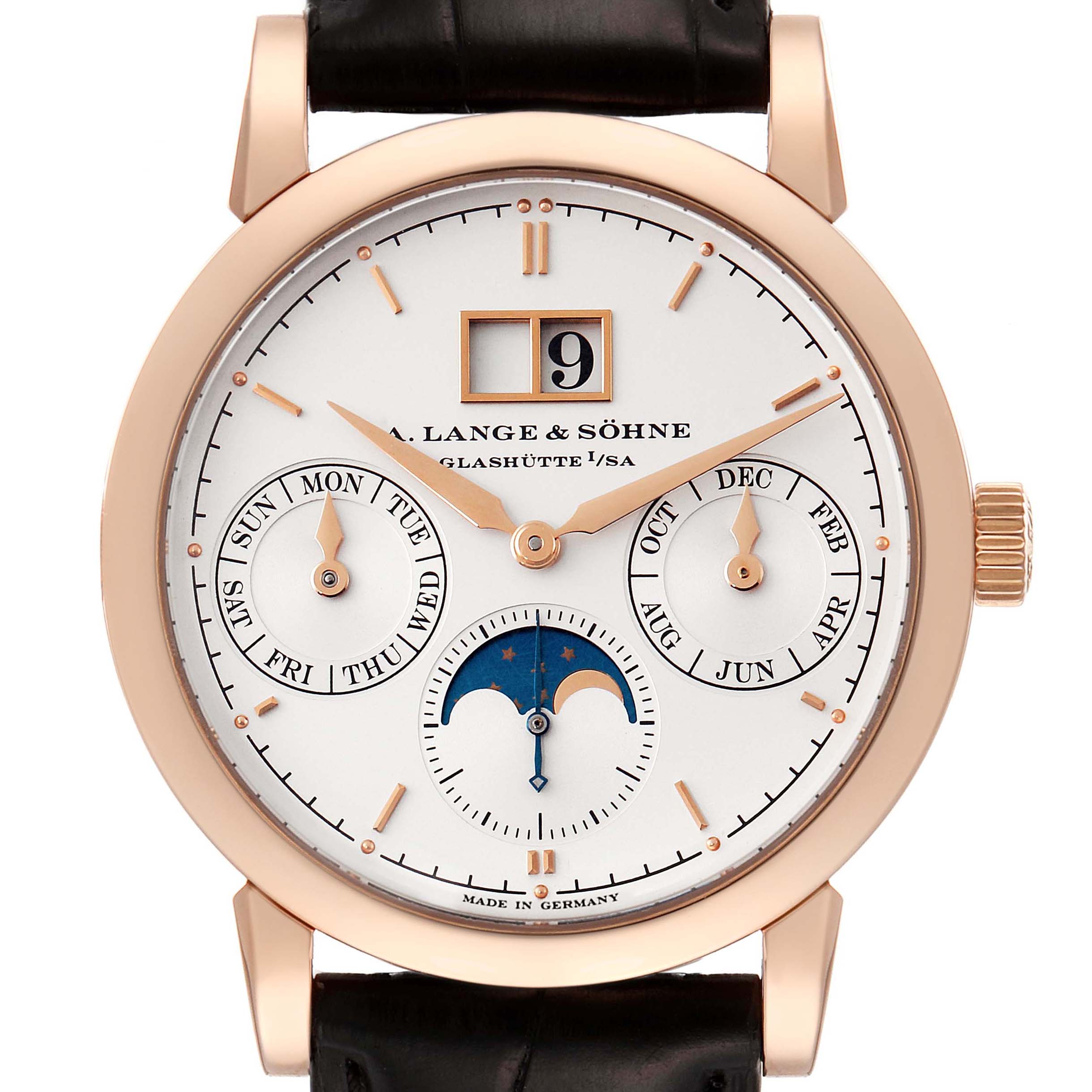 This is a front-angle view of the A. Lange 
Sohne Saxonia 330.032 Men
s Rose Gold Silver Dial watch, showing its dial, hands, date display, and sub-dials.