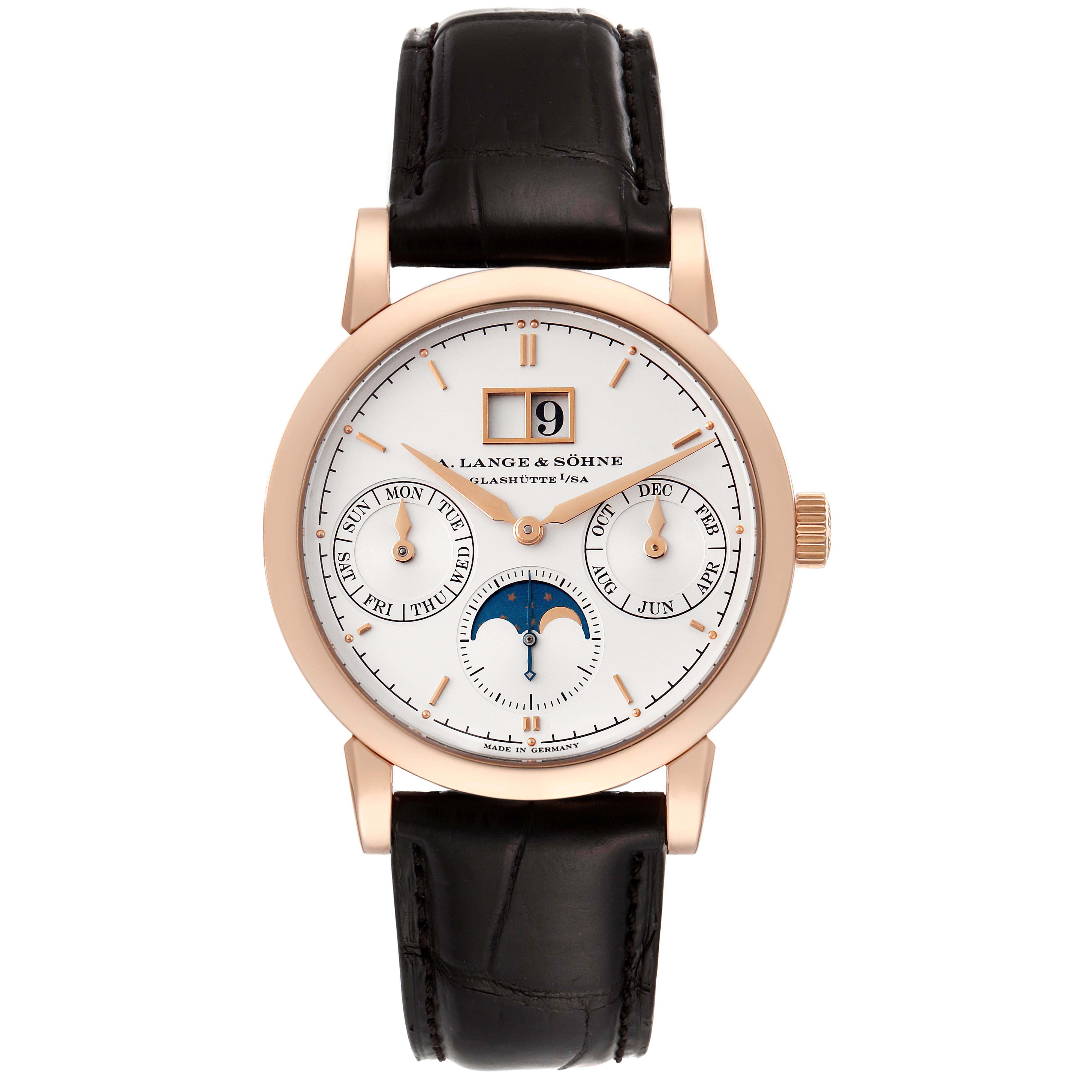 This image shows a front view of the A. Lange 
Sohne Saxonia 330.032 Men
s Rose Gold Silver Dial watch, featuring a leather strap, calendar dials, and moon phase display.