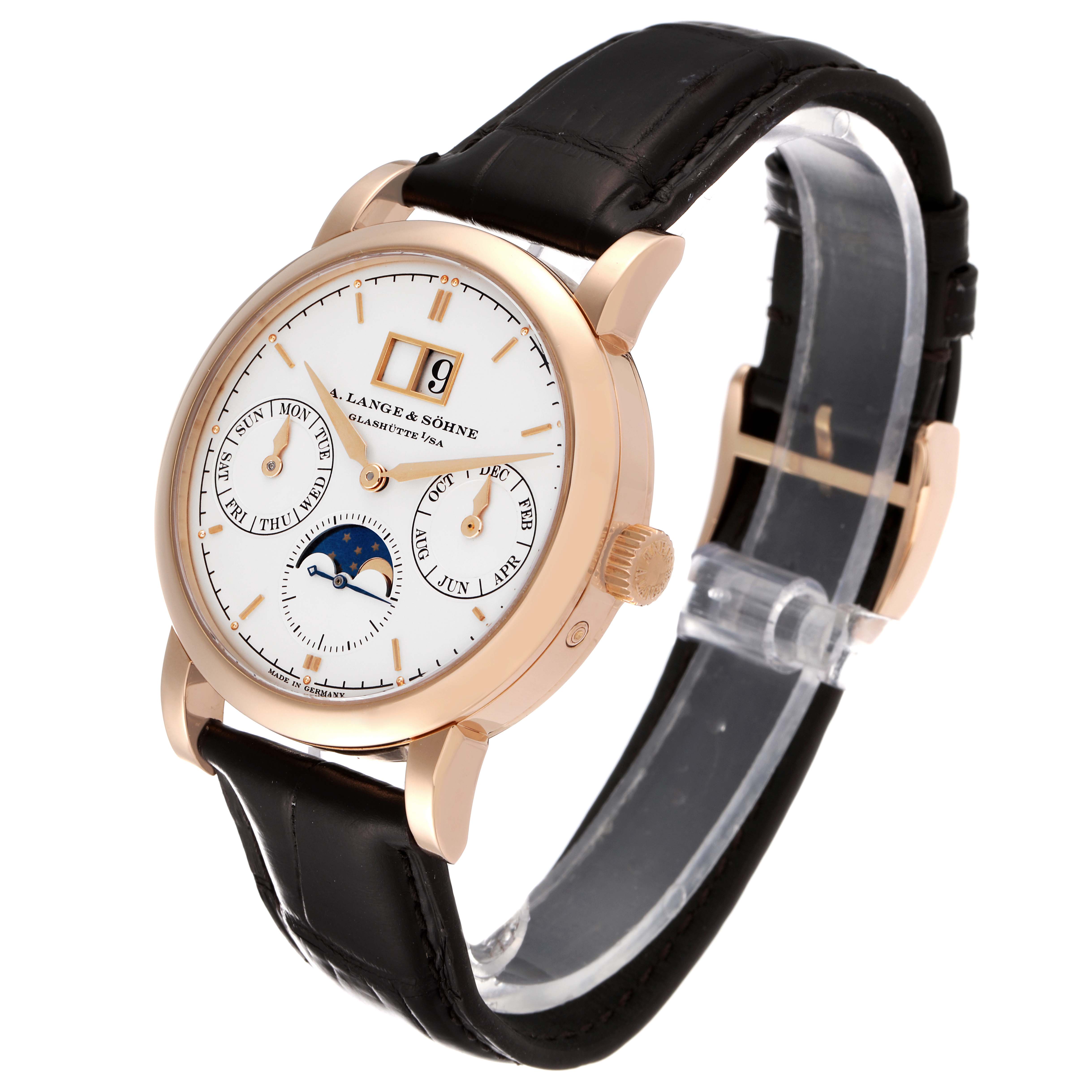 The image shows a side angle of the A. Lange 
Sohne Saxonia 330.032 Men
s Rose Gold Silver Dial watch, highlighting its dial, crown, and black strap.