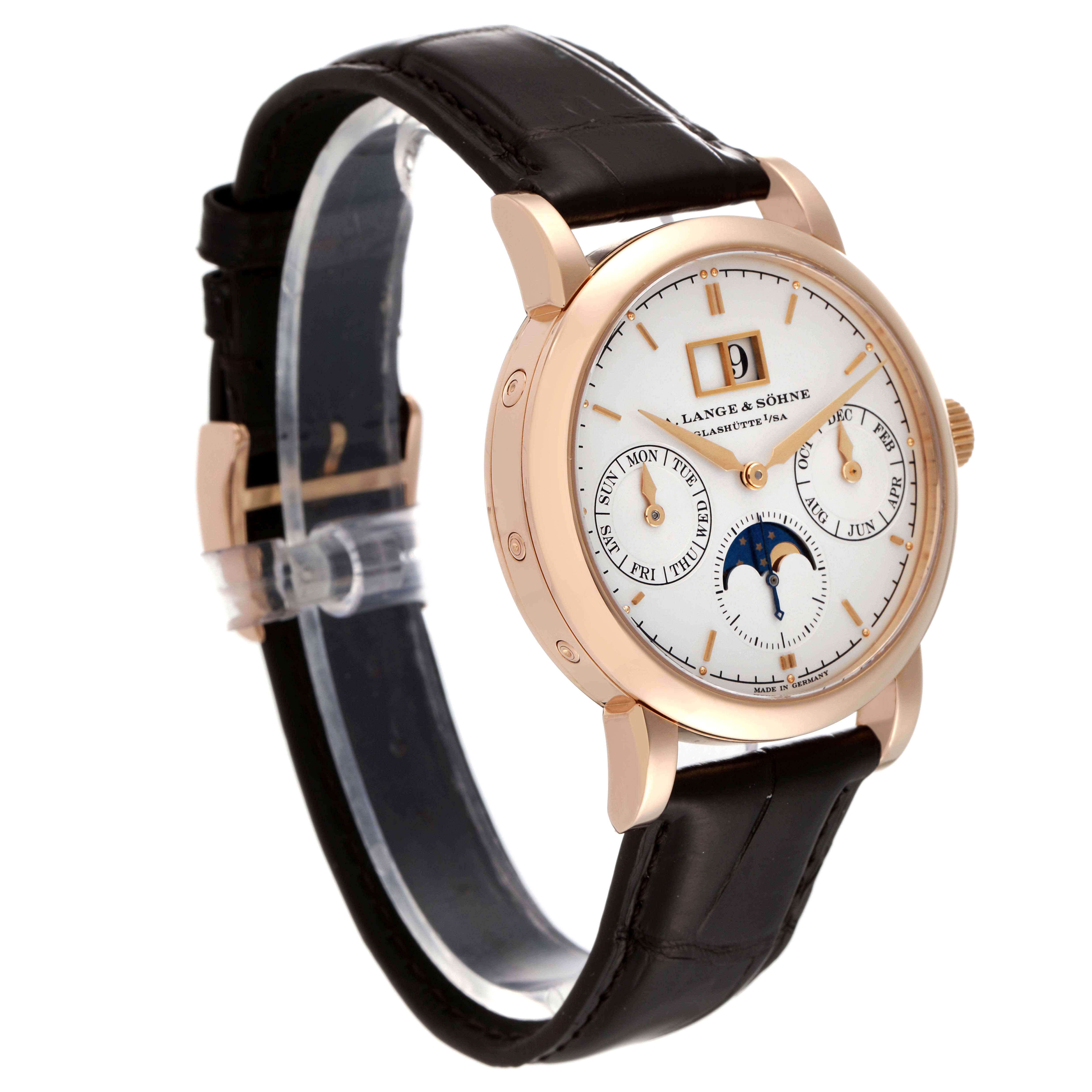 The image shows a side view angle of the A. Lange 
Sohne Saxonia watch showcasing its dial, case, and leather strap.