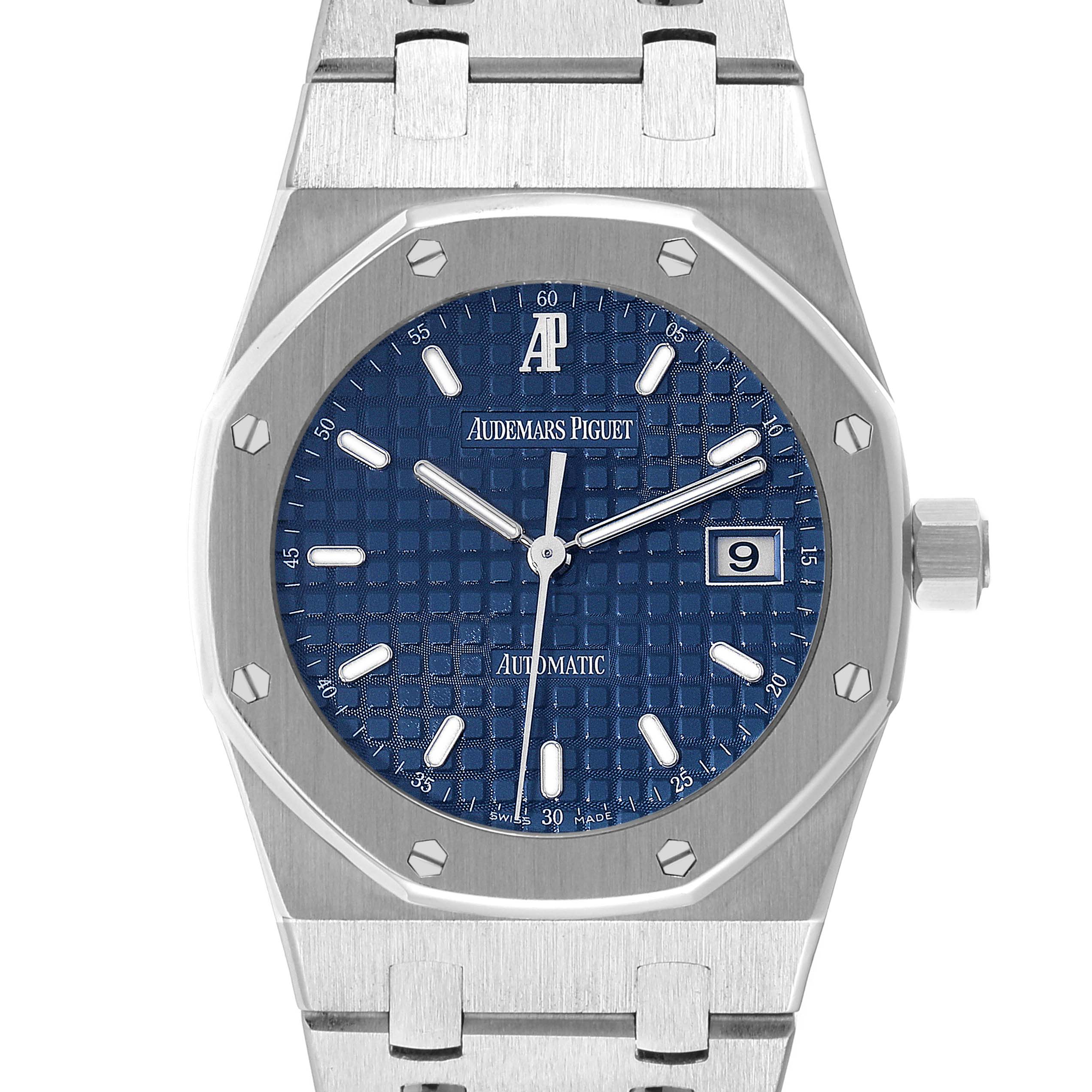 This image shows a front view of the Audemars Piguet Royal Oak 15000ST.OO.0789ST.01 Men's Stainless Steel Blue Dial 15000ST.OO.0789ST.01 Men's Stainless Steel Blue Dial watch, highlighting the blue dial, date window, and stainless steel bracelet.