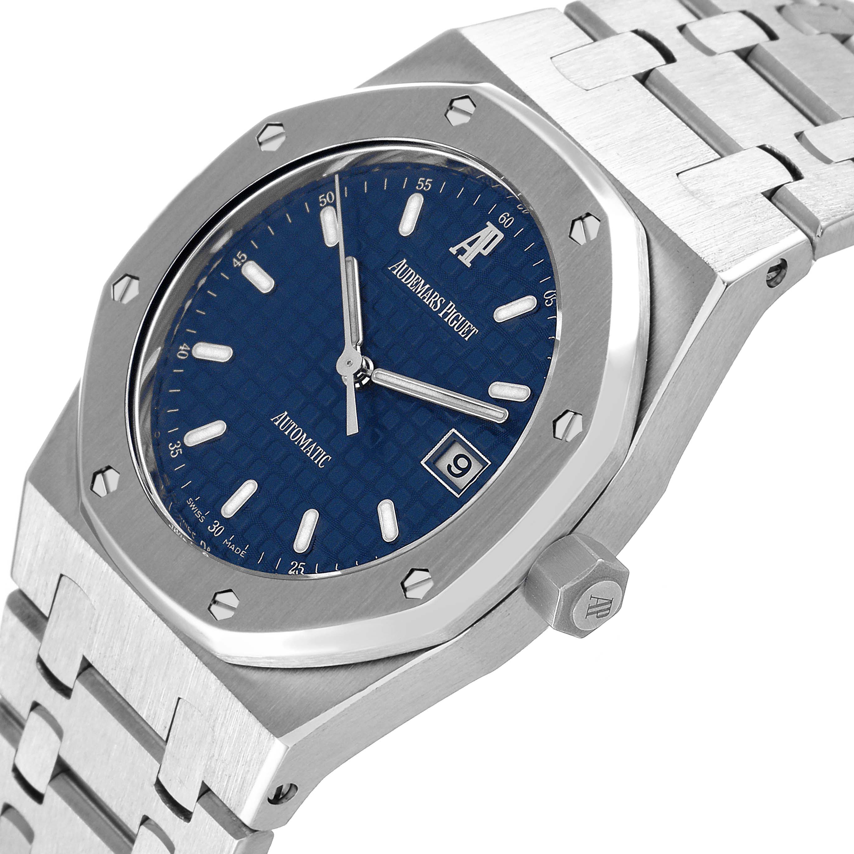 The image shows a close-up of the Royal Oak watch by Audemars Piguet, highlighting the blue dial, octagonal bezel, and bracelet.