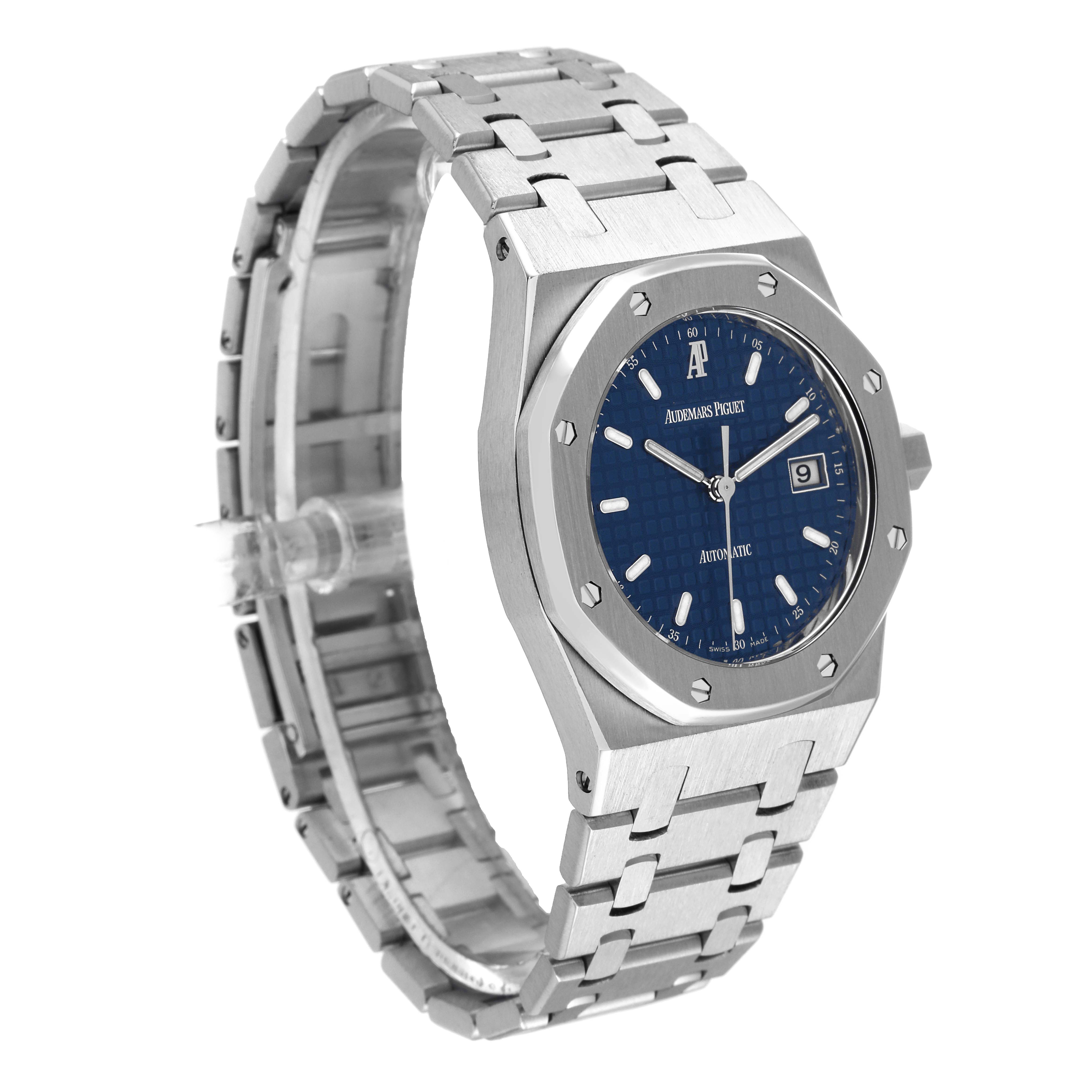 This image shows an Audemars Piguet Royal Oak 15000ST.OO.0789ST.01 Men's Stainless Steel Blue Dial 15000ST.OO.0789ST.01 Men's Stainless Steel Blue Dial watch at a three-quarter angle, highlighting the face, bezel, and bracelet.
