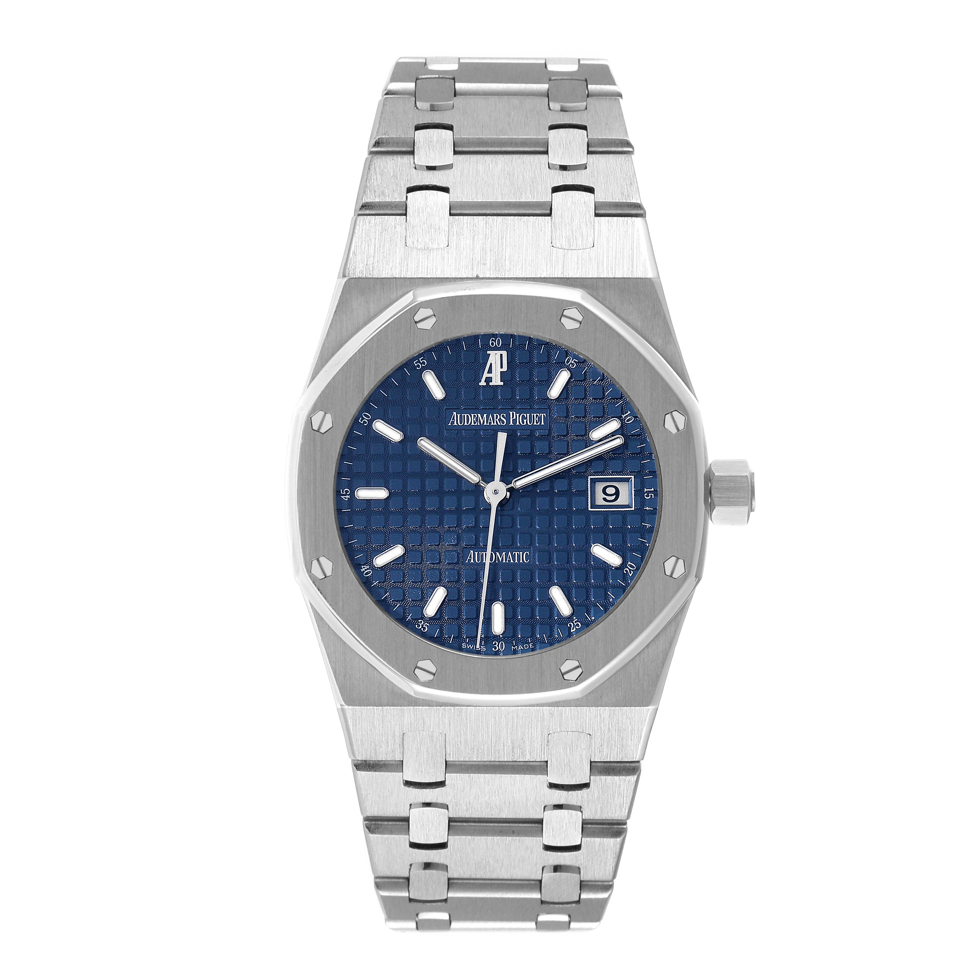 The image shows a frontal view of an Audemars Piguet Royal Oak 15000ST.OO.0789ST.01 Men's Stainless Steel Blue Dial 15000ST.OO.0789ST.01 Men's Stainless Steel Blue Dial watch, displaying its face, bezel, and bracelet.