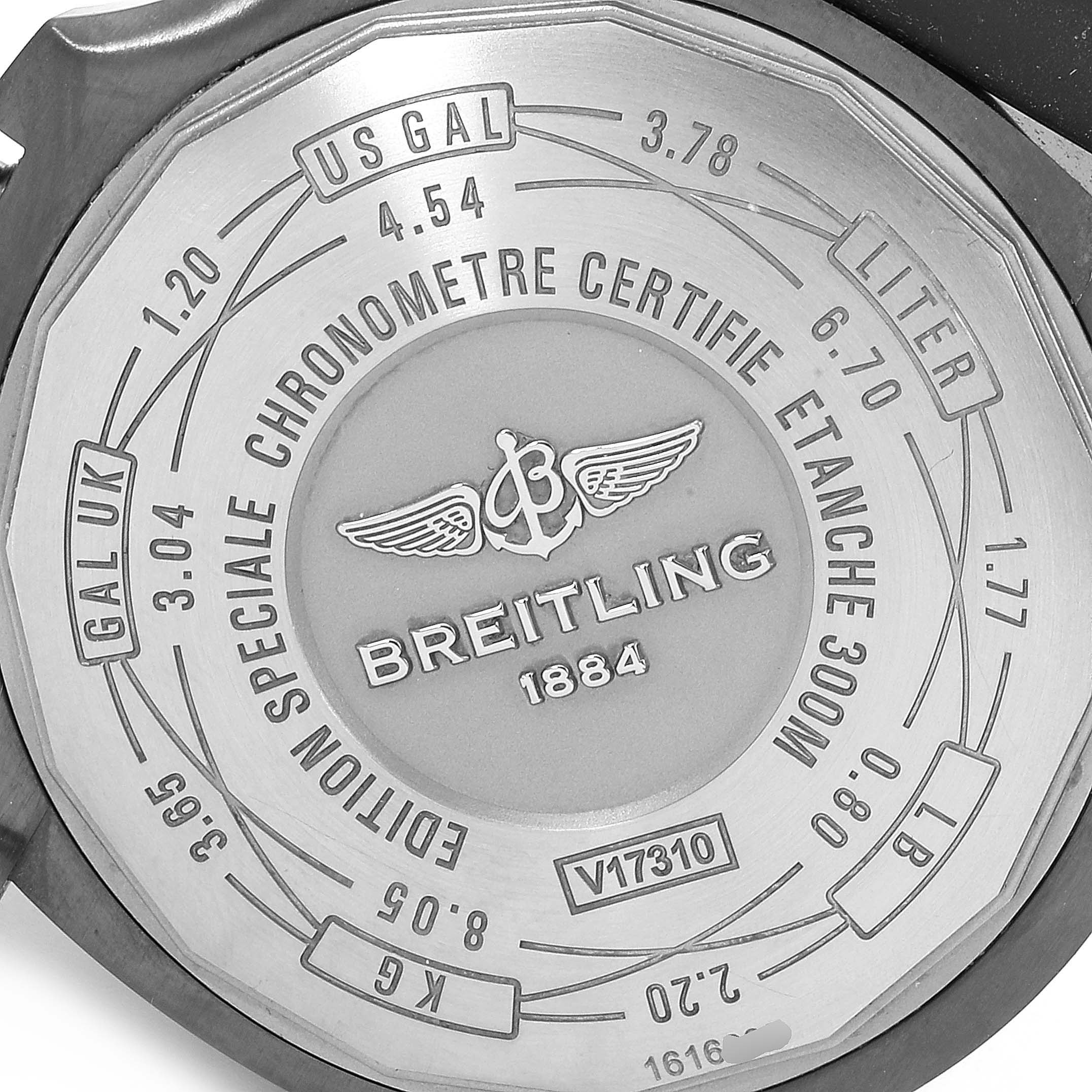 The image shows the back case of a Breitling Avenger V17310 Men's Titanium Black Dial V17310 Men's Titanium Black Dial watch, including model number, certifications, and branding details.