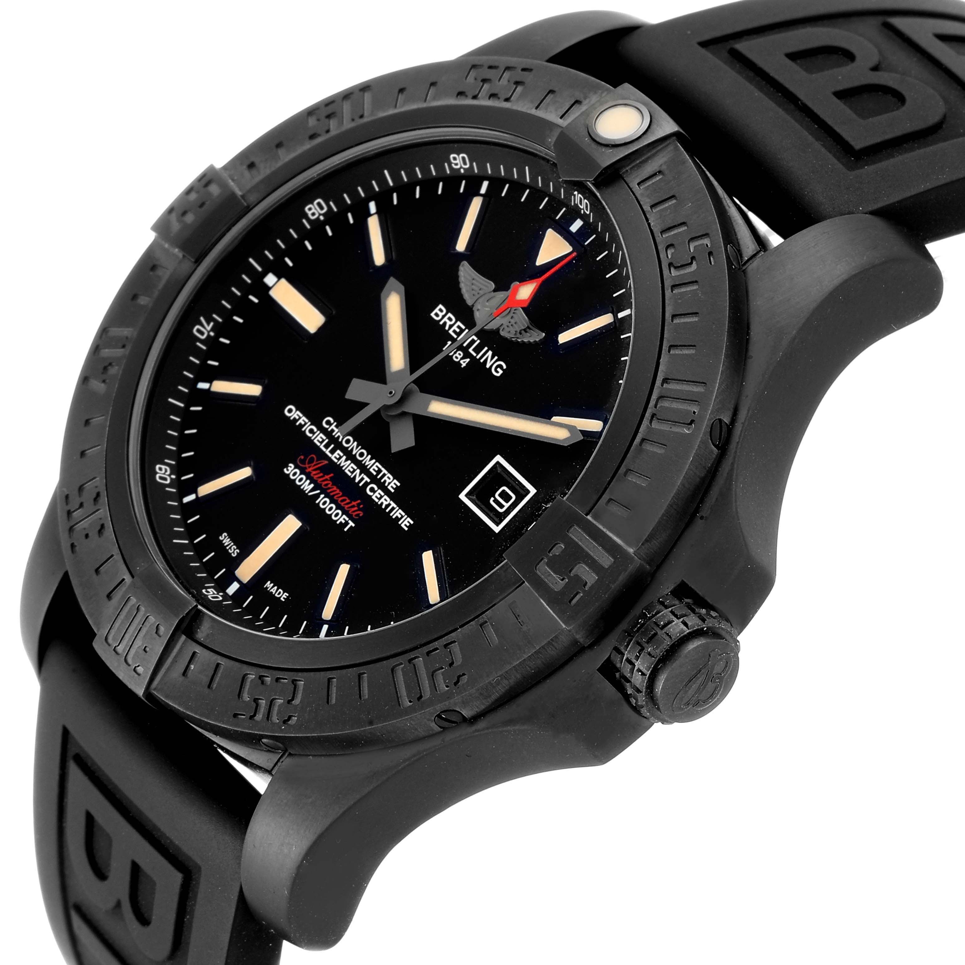 The image shows a side angle of the Breitling Avenger V17310 Men's Titanium Black Dial V17310 Men's Titanium Black Dial watch, highlighting the bezel, face, strap, and crown.