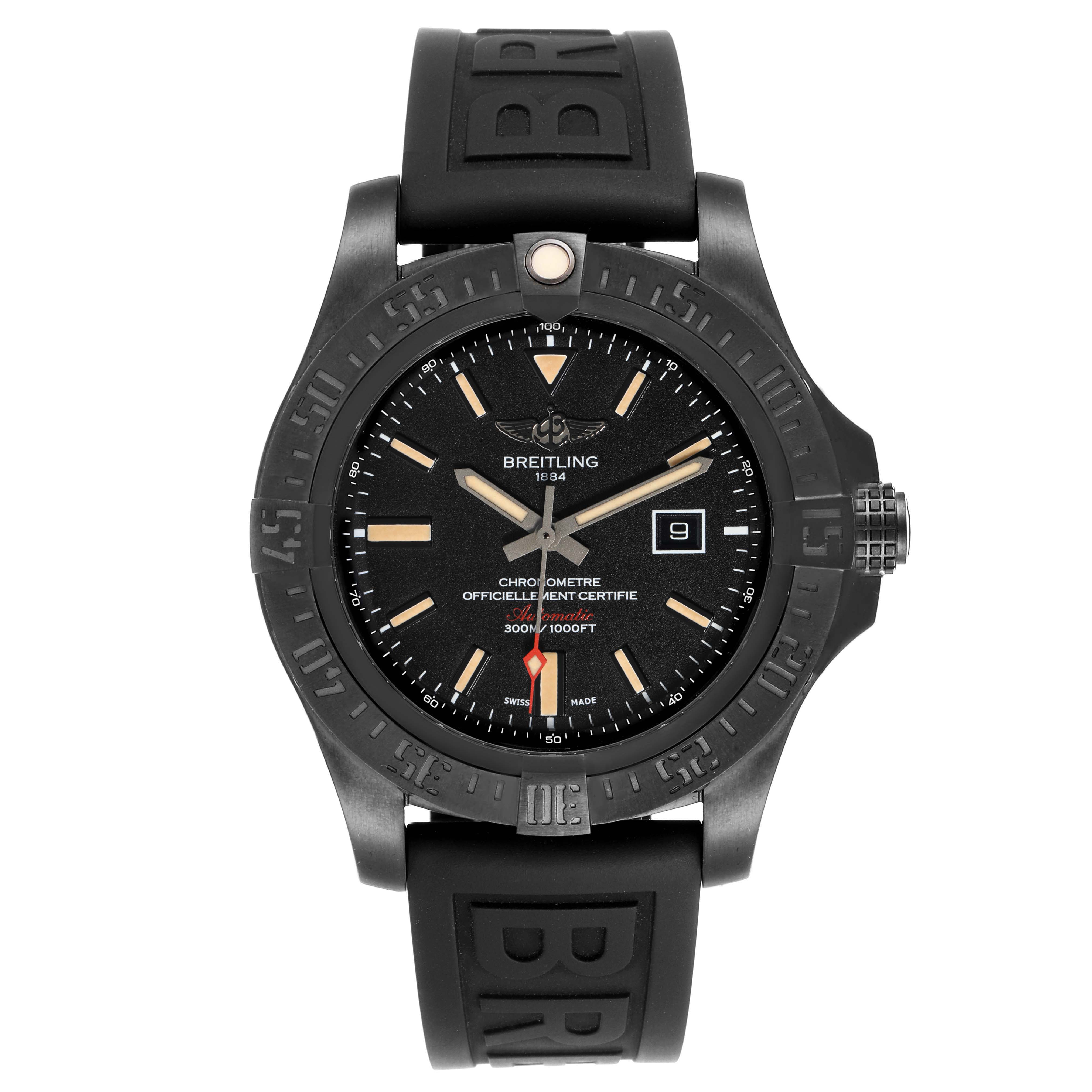The image shows a front view of the Breitling Avenger V17310 Men's Titanium Black Dial V17310 Men's Titanium Black Dial watch, highlighting its dial, bezel, crown, and black rubber strap.