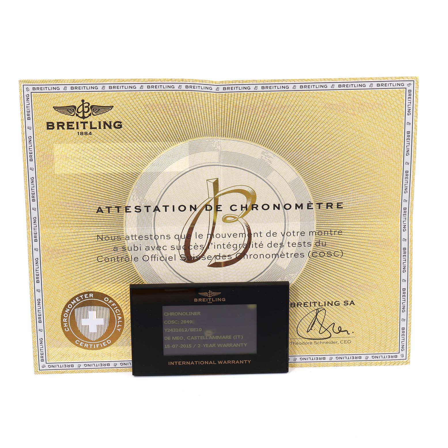 The image shows the certification and the international warranty card for the Breitling Chronoliner Y2431012/BE10 Men's Stainless Steel Black Dial Y2431012/BE10 Men's Stainless Steel Black Dial model.