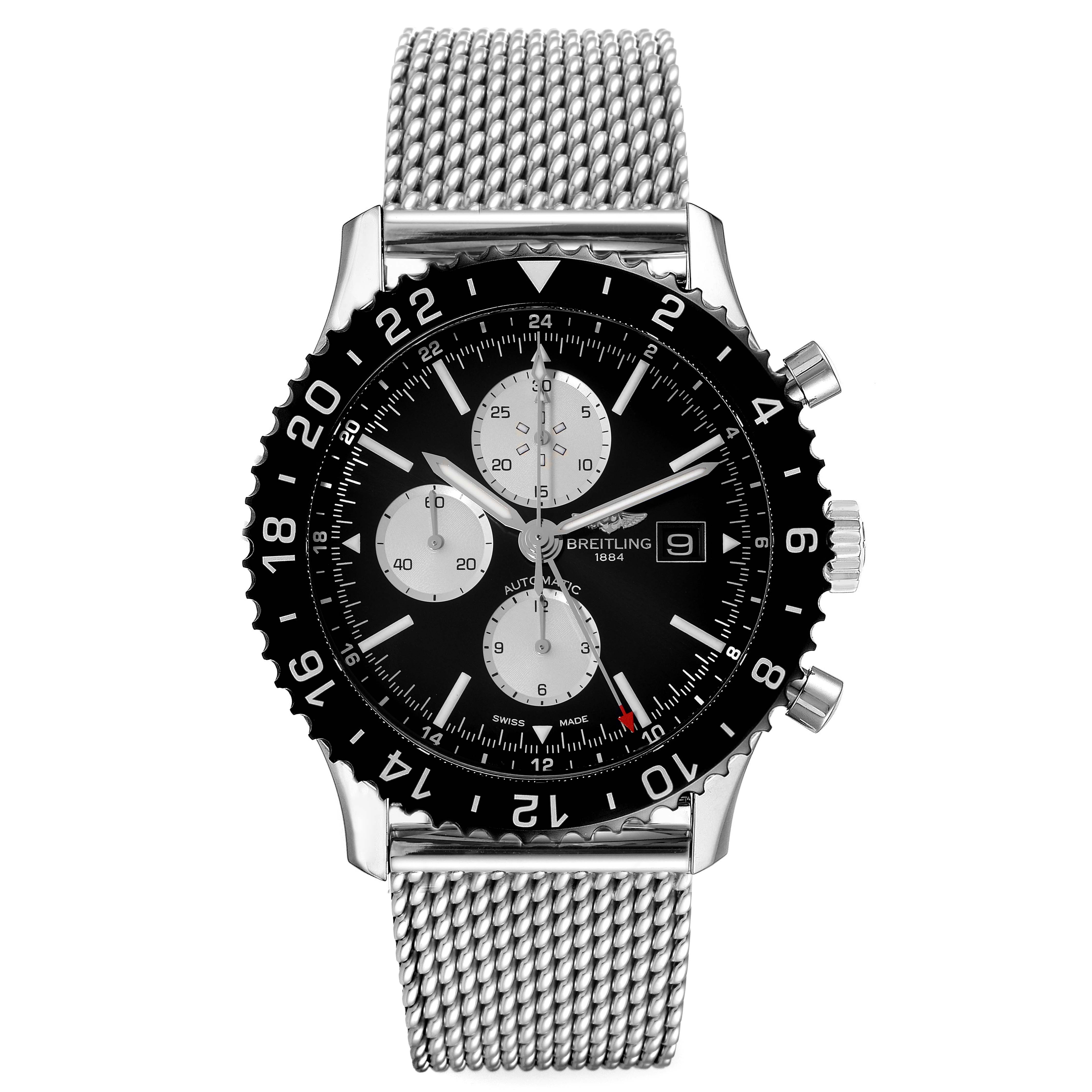 The image shows a front view of the Breitling Chronoliner Y2431012/BE10 Men's Stainless Steel Black Dial Y2431012/BE10 Men's Stainless Steel Black Dial watch, highlighting its dial, bezel, and mesh bracelet.