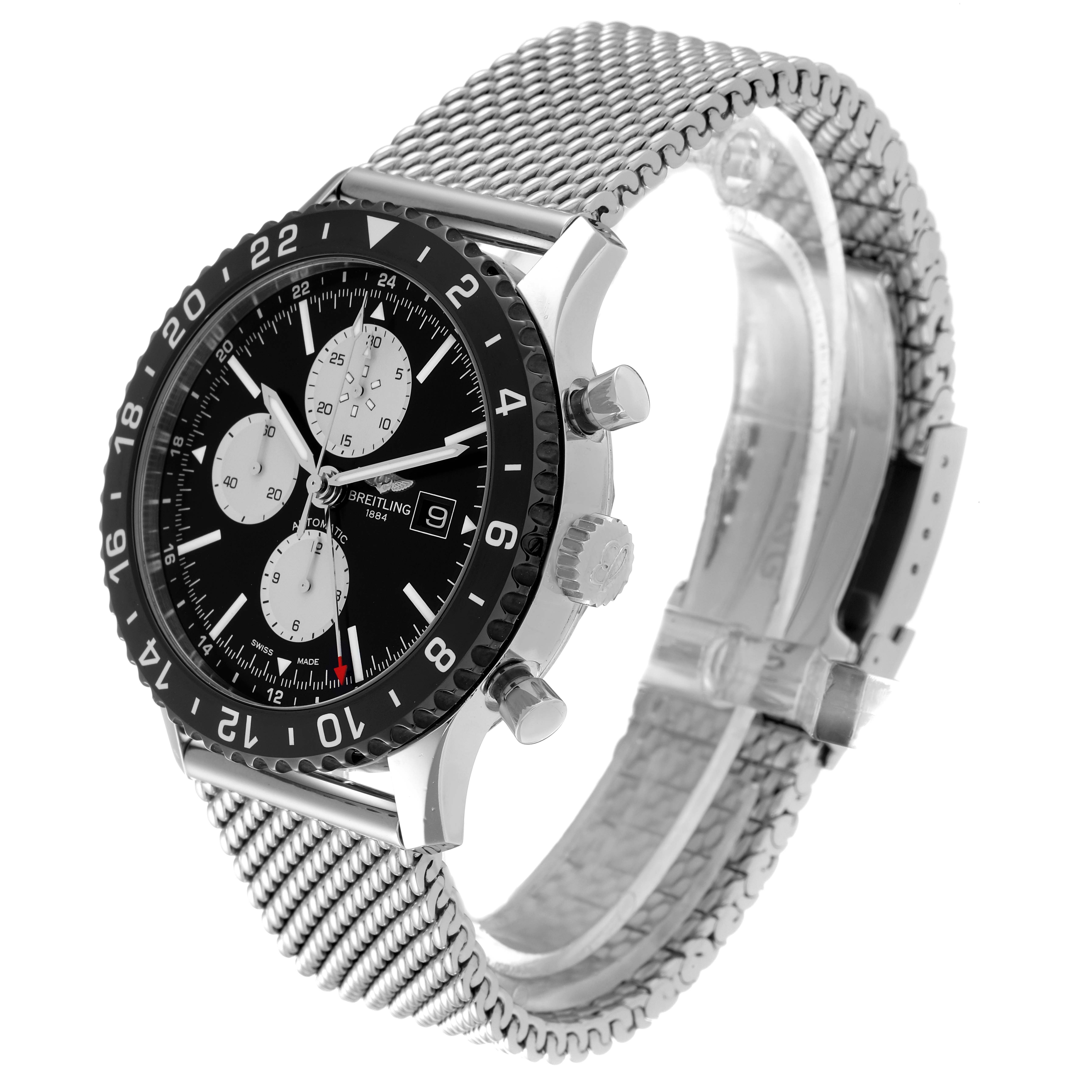 The Breitling Chronoliner Y2431012/BE10 Men's Stainless Steel Black Dial Y2431012/BE10 Men's Stainless Steel Black Dial watch is shown at a slight angle, highlighting its mesh bracelet, black dial, and side pushers.