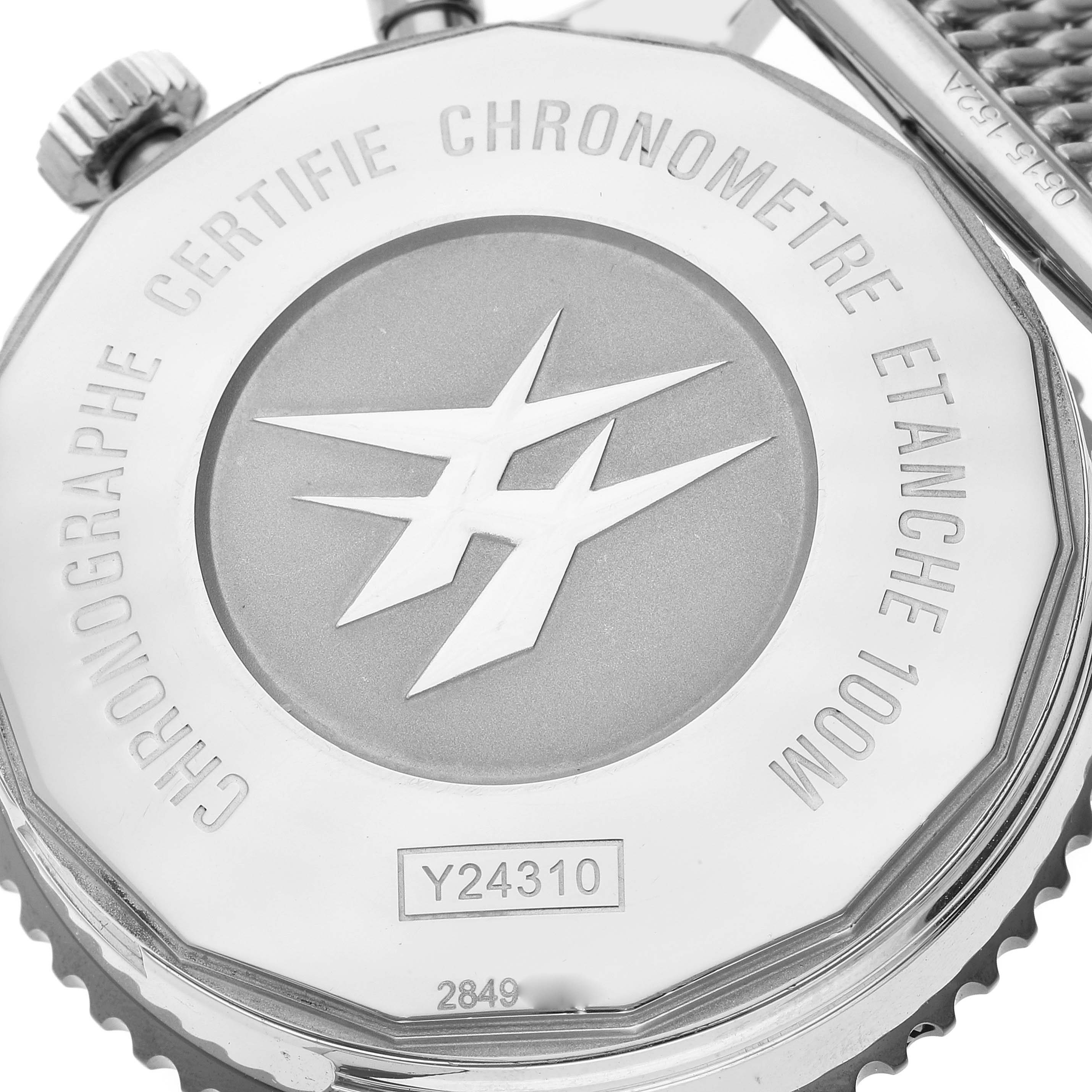 The image shows the back case of a Breitling Chronoliner Y2431012/BE10 Men's Stainless Steel Black Dial Y2431012/BE10 Men's Stainless Steel Black Dial watch, highlighting its certification and model number.