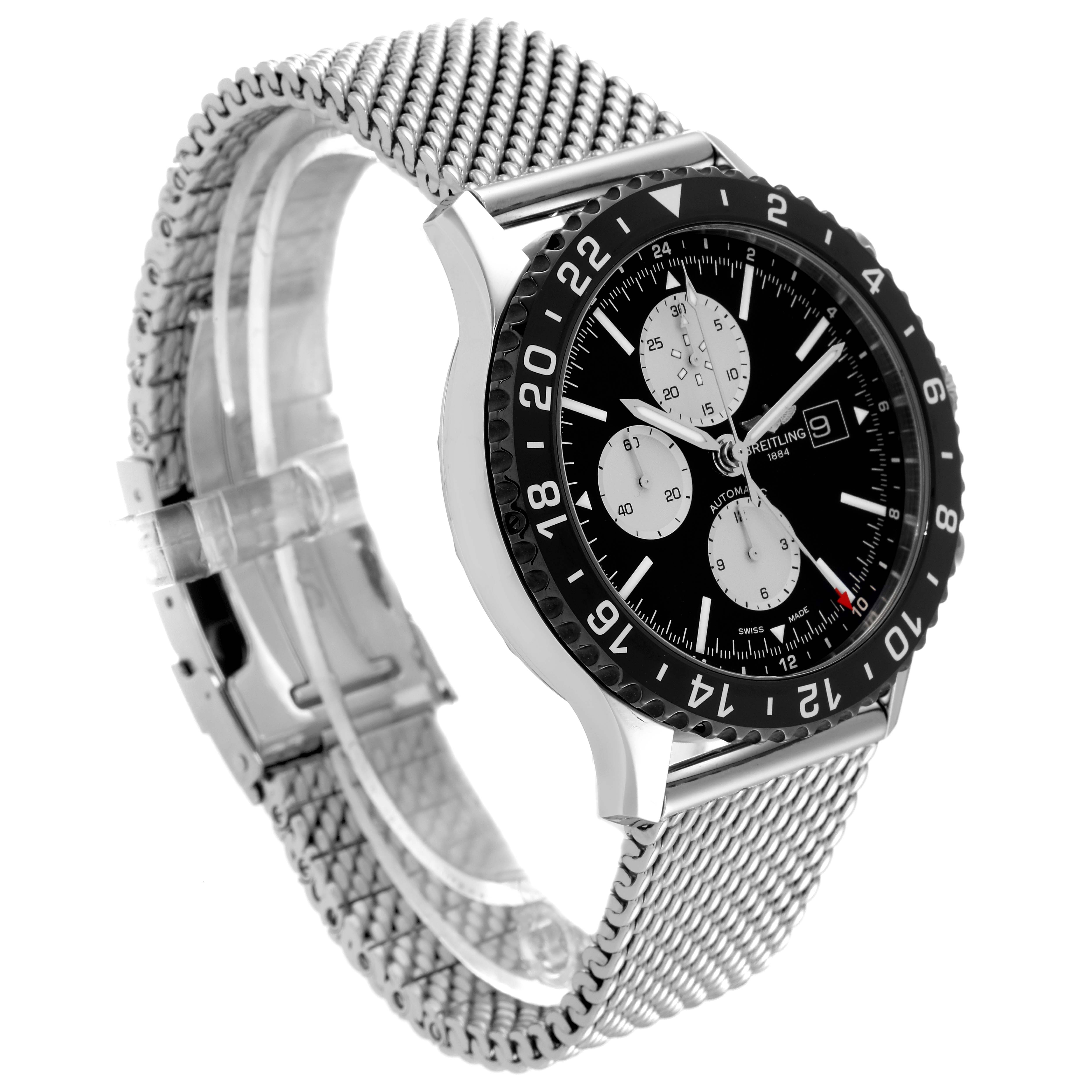The Breitling Chronoliner Y2431012/BE10 Men's Stainless Steel Black Dial Y2431012/BE10 Men's Stainless Steel Black Dial watch is shown from an angled side view, highlighting its mesh strap, black bezel, and dial with chronograph functions.