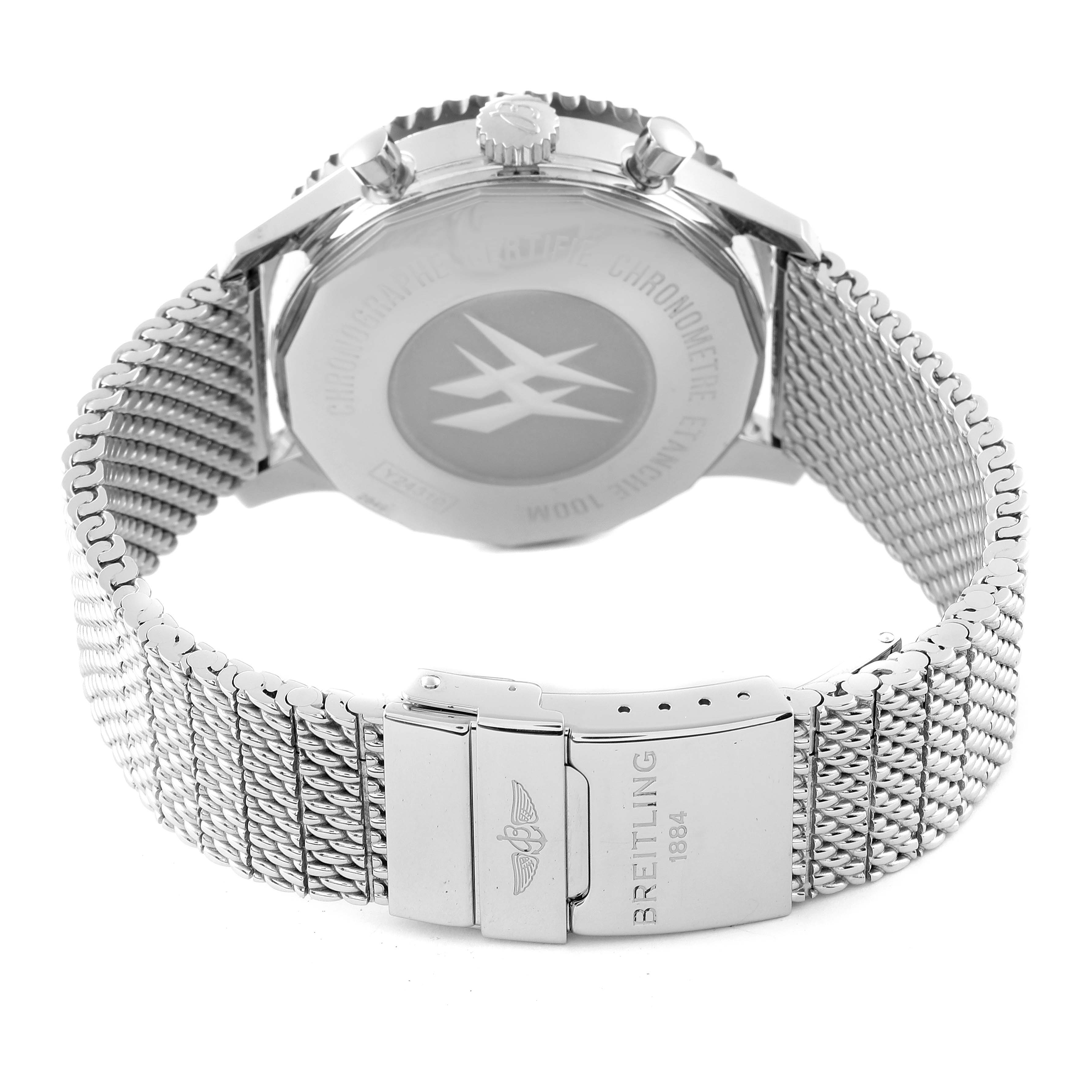 The image shows the back view of a Breitling Chronoliner Y2431012/BE10 Men's Stainless Steel Black Dial Y2431012/BE10 Men's Stainless Steel Black Dial watch, highlighting the case back, crown, and clasp of the metal mesh band.