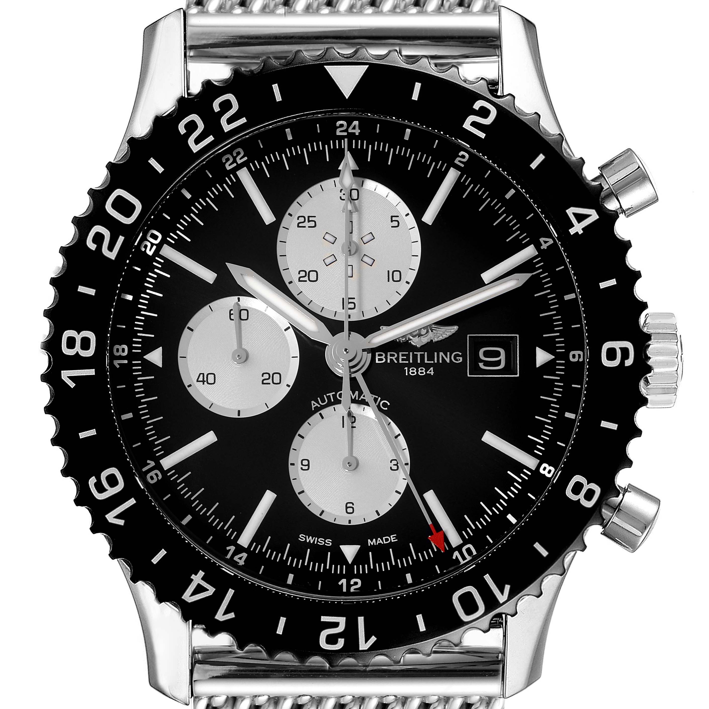 The image shows a close-up front view of the Breitling Chronoliner Y2431012/BE10 Men's Stainless Steel Black Dial Y2431012/BE10 Men's Stainless Steel Black Dial watch, highlighting the dial, bezel, and crown.